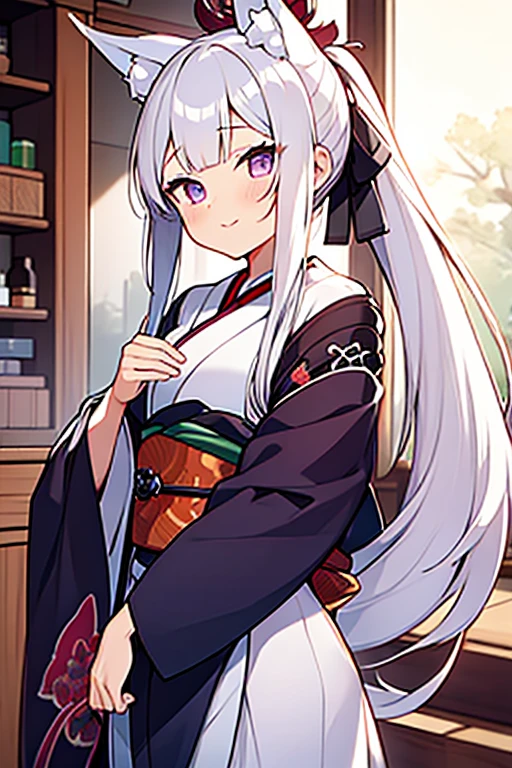 itk,
itako_v1,white hair,very long hair,fox ears, purple eyes, ponytail, hair ornament,parted bangs, japanese clothes,white kimono,geta,tabi,touhoku_itako,