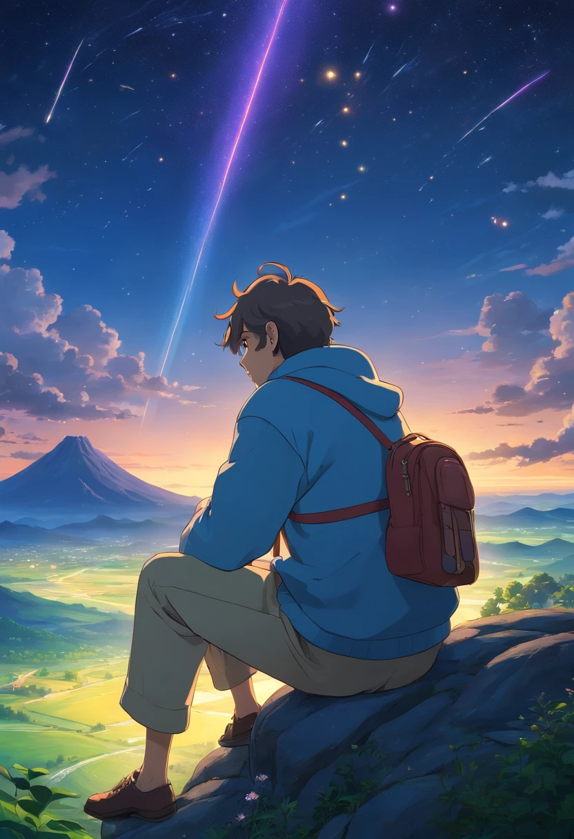 man sitting sad, Gazing at the dark horizon, shooting stars and the moon., Human beings have a deep relationship with God., The landscape is extraordinarily detailed., Extraordinarily realistic man, Everything is very detailed and beautiful., Special quality. 8K Realism