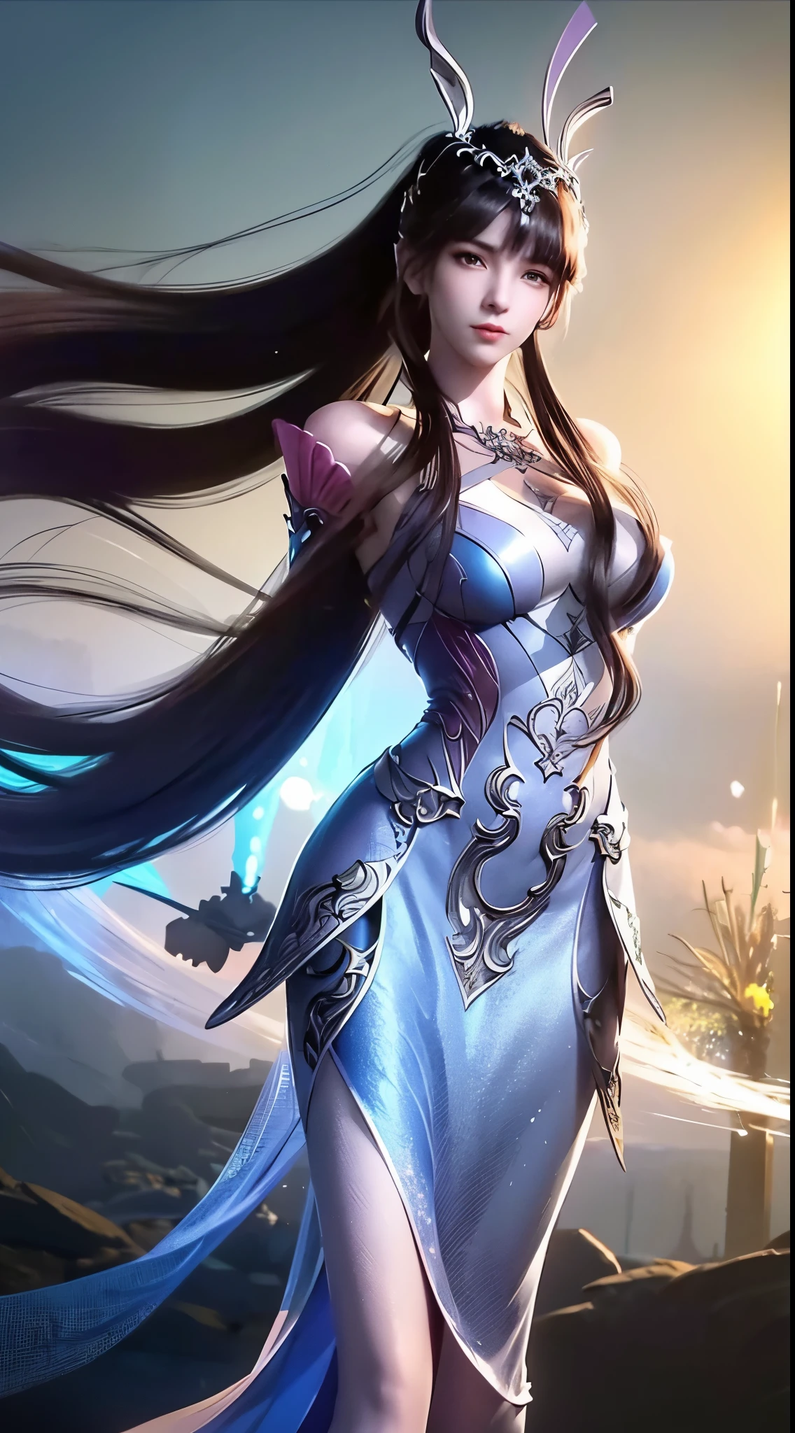 Close-up of a woman in a silver blue dress, Cheng Weipan Art Station, Xiuxian Technology Sense, detailed fantasy art, Stunning character art, Epic and beautiful character art, beautiful armor, Extremely detailed artistic sprouts, Detailed digital animation art, Art site Pixiv on Artgerm, Armor girl, Exquisite and intricate headdresses and jewelry，Big breasts，big breasts，expose breast,huge breast,Full body display，Full body display，