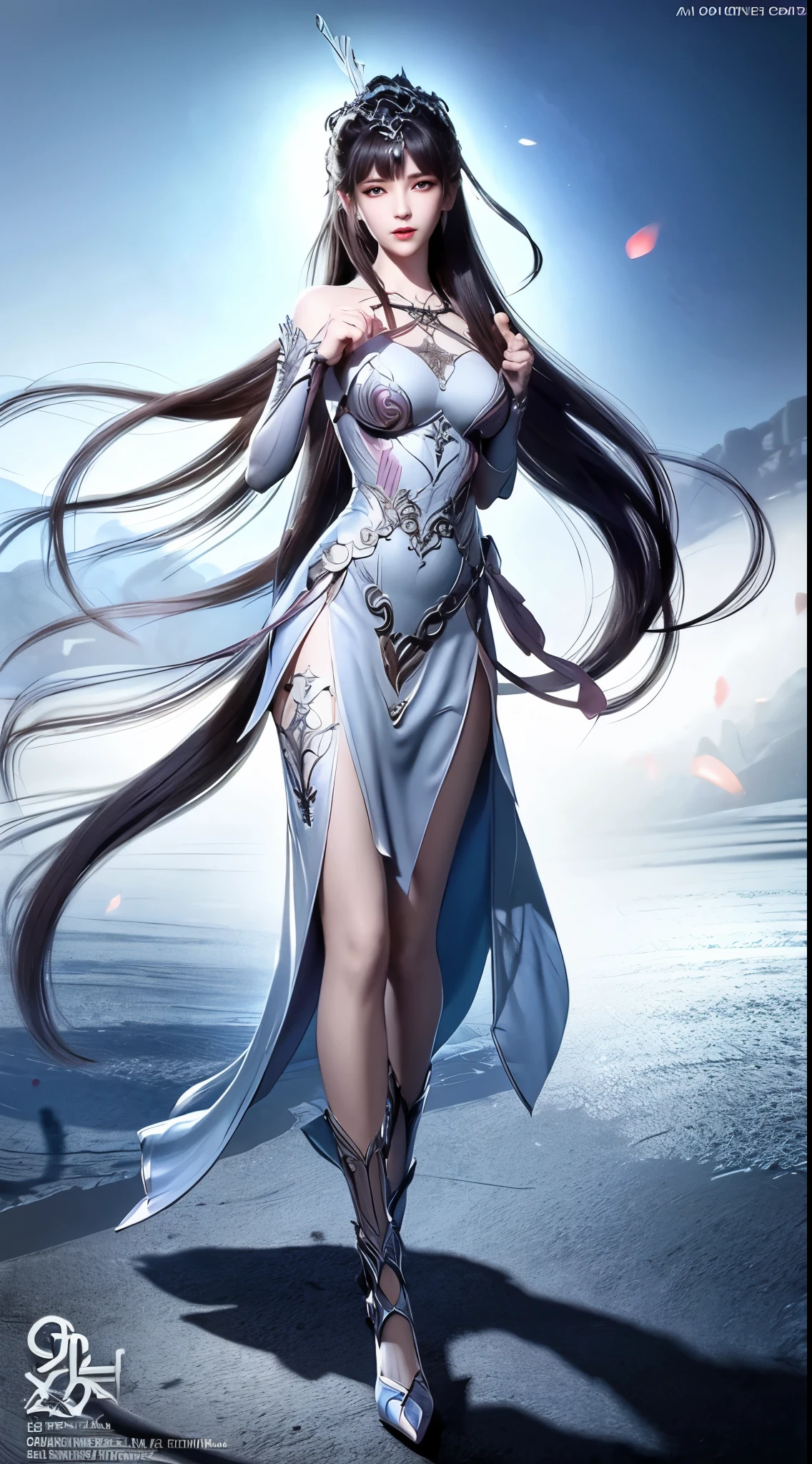 Close-up of a woman in a silver blue dress, Cheng Weipan Art Station, Xiuxian Technology Sense, detailed fantasy art, Stunning character art, Epic and beautiful character art, beautiful armor, Extremely detailed artistic sprouts, Detailed digital animation art, Art site Pixiv on Artgerm, Armor girl, Exquisite and intricate headdresses and jewelry，Big breasts，big breasts，expose breast,huge breast,Full body display，Full body display，