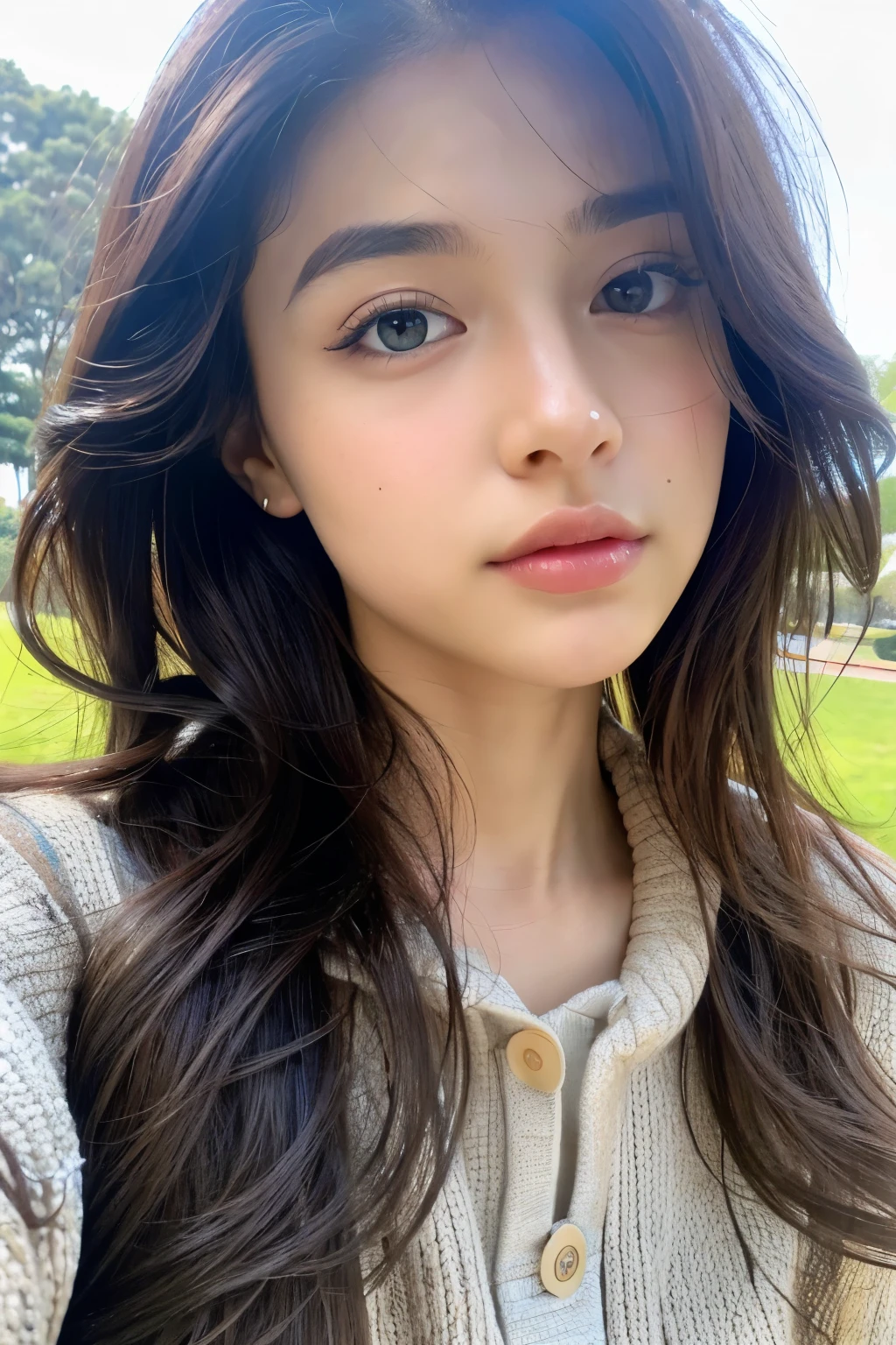 ((best quality)), ((masterpiece)), (detailed), perfect face, ager 19 year old girl ,surreal, indian girl, (high resolution), (8K), ((extremely detailed)), (best illustration),beautiful detailed round eyes ,brown hairs, (best quality), (super detailed), (masterpiece), (detailed face), best quality, big breasts ,wearing beautiful blue traditional , winter clothes round sweater tide leggy , with beautiful earing , Seductive body ,long black curly hair ,Super chic face detail, Super detailed lips)), ((Detailed eyes, in park