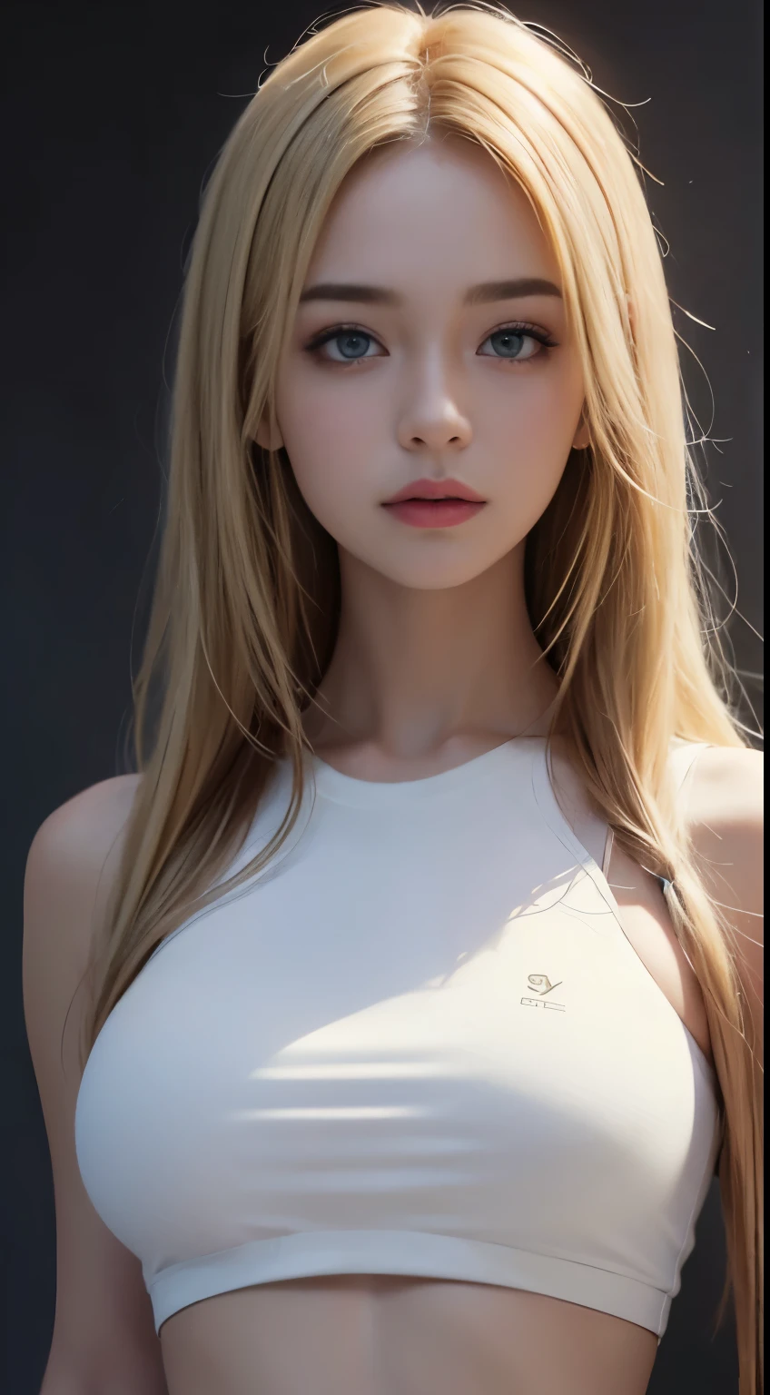 ((realistic lighting, highest quality, 8K, masterpiece: 1.3)), clear focus: 1.2, 1 girl, perfect figure, big boobs, ((blonde)), (white crop top: 1.4), (dark background), super fine face, beautiful eyes, double eyelid,