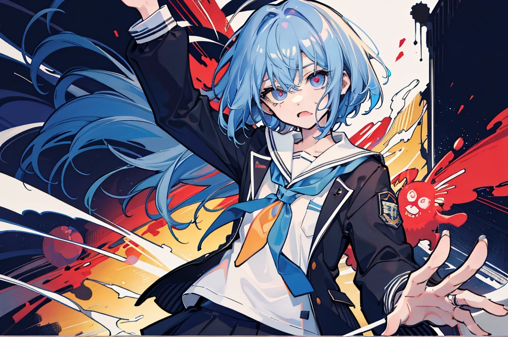 1 guy,One,(whole body:1.1),
school uniform,black hip-high shelf:1.2),
(Highest image quality),Colorful,(masterpiece:1.5),ultra high resolution,Best quality,extremely detailed wallpaper,(complex part),detailed light, light-blue hair, zombie