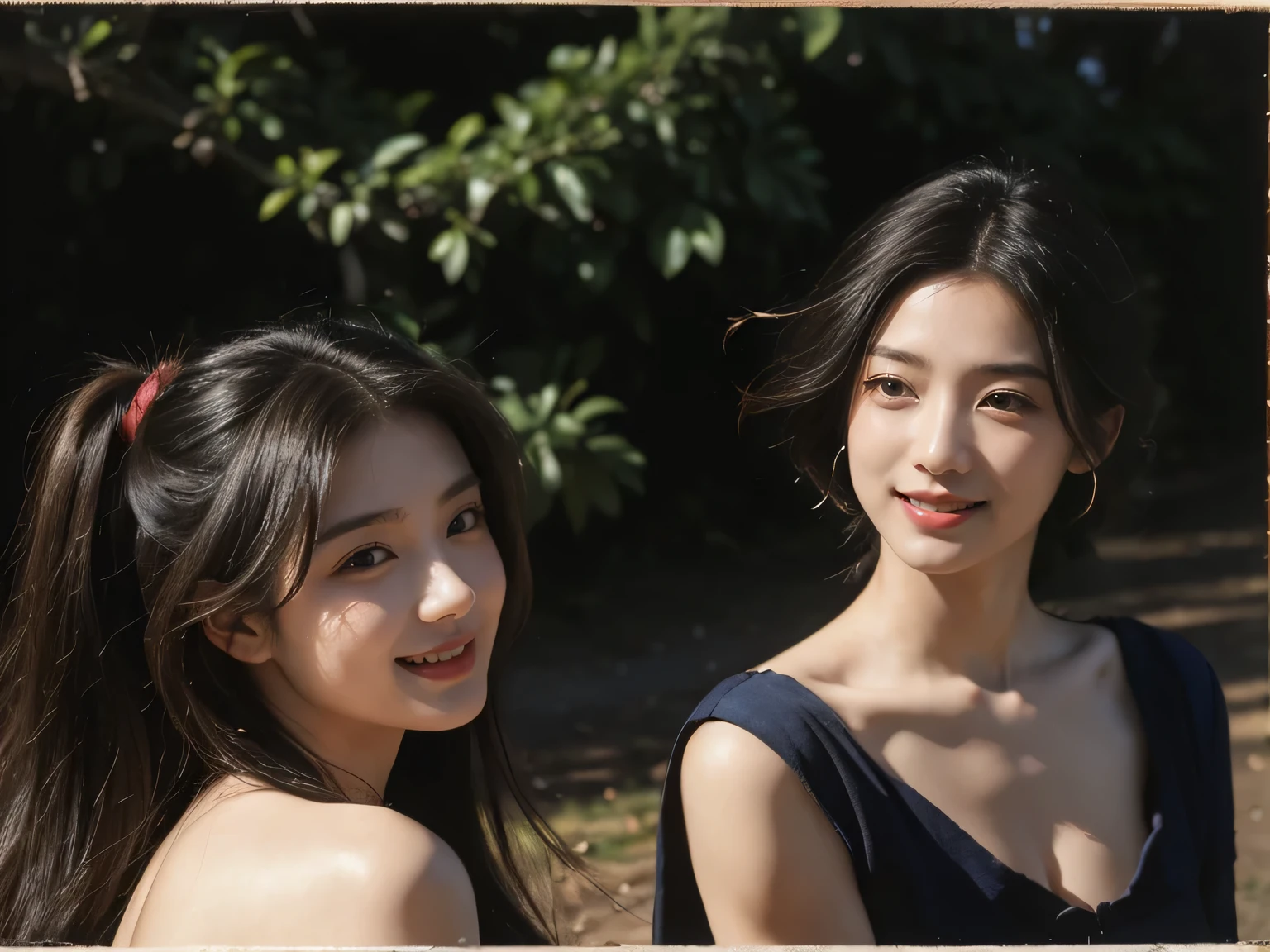 Ancient Roman scenery in the style of Nicolas Poussin,A smile,,Sweet and seductive appearance.、Caravaggio's paintings、Chiaroscuro of Caravaggio、Hair disheveled in the wind,Two women frolicking,Cute smile, Expression of ecstasy,A sexy,erotic