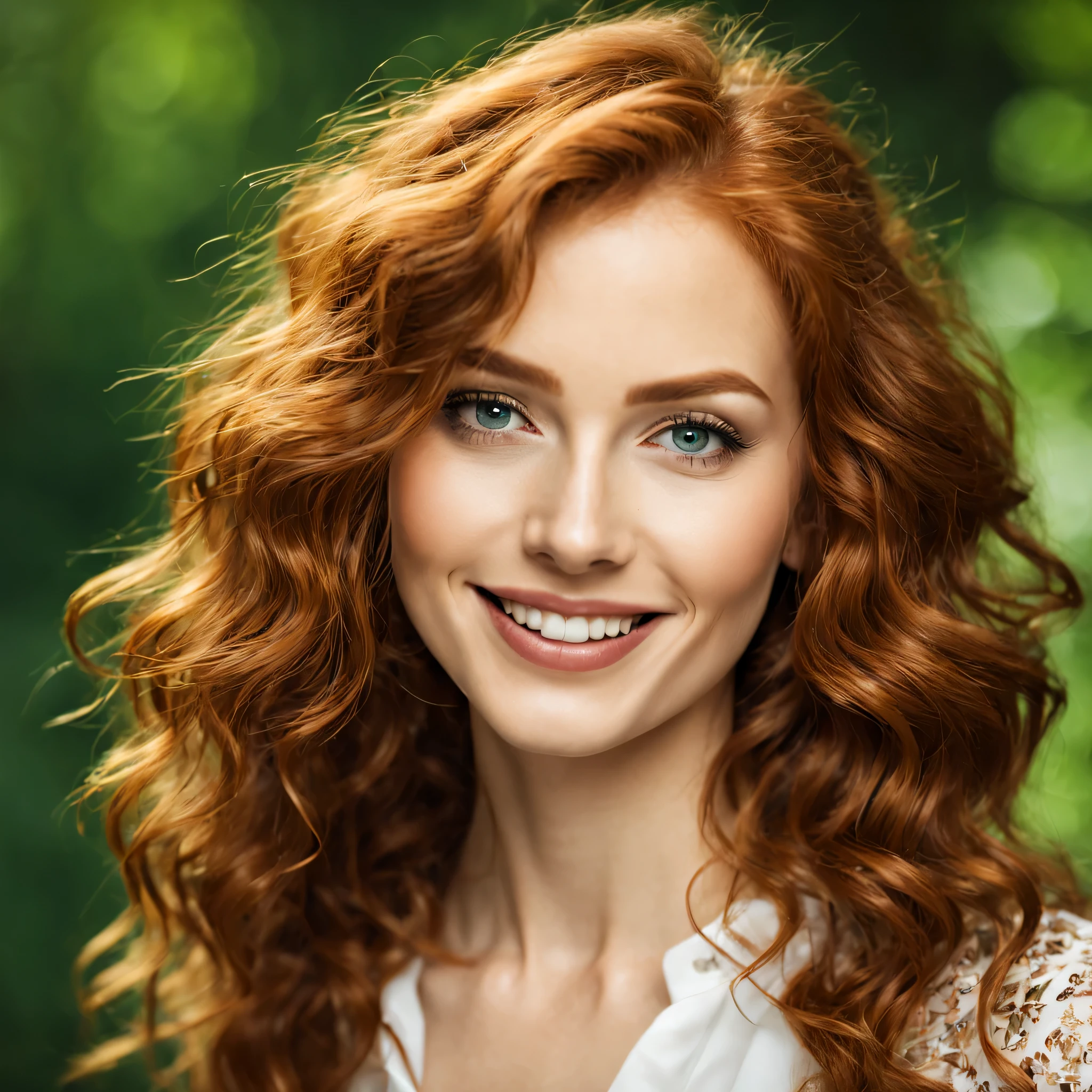 A beautiful, red-haired woman of 25 years old. She is slim and has a healthy appearance. She has long, wavy locks and a radiant skin. Her eyes are green and her lips are full. She has a charming smile and a confident look.
