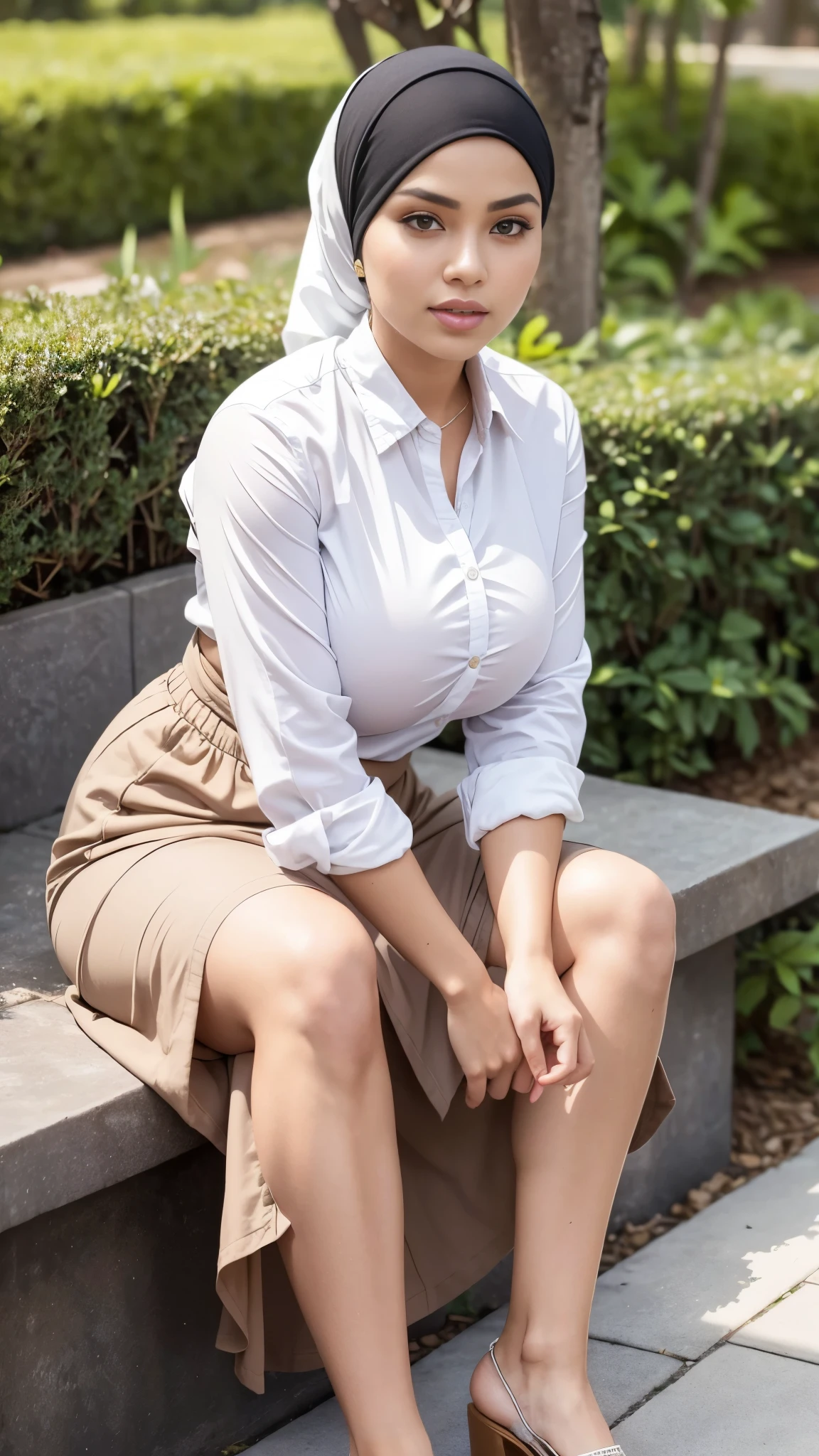 ( Close Up),RAW, Best quality, high resolution, masterpiece: 1.3), beautiful Malay woman in hijab,Masterpiece, perfect fit body,(( big breast)),big gorgeous eyes, Soft smile,beutiful face,thick thighs, woman in hijab talking while sitting down garden, wearing elegant casual clothes and long skirt, 🤠 using a 🖥, wearing casual clothing, casual pose, wearing casual clothes, casual clothing style, casual business outfit, wearing a blouse, smart casual, wearing in shirt, dressed casually, casual modern clothing, wearing beautiful clothes, modern casual clothing , Excellent lighting, Bright colors, Clean lines,