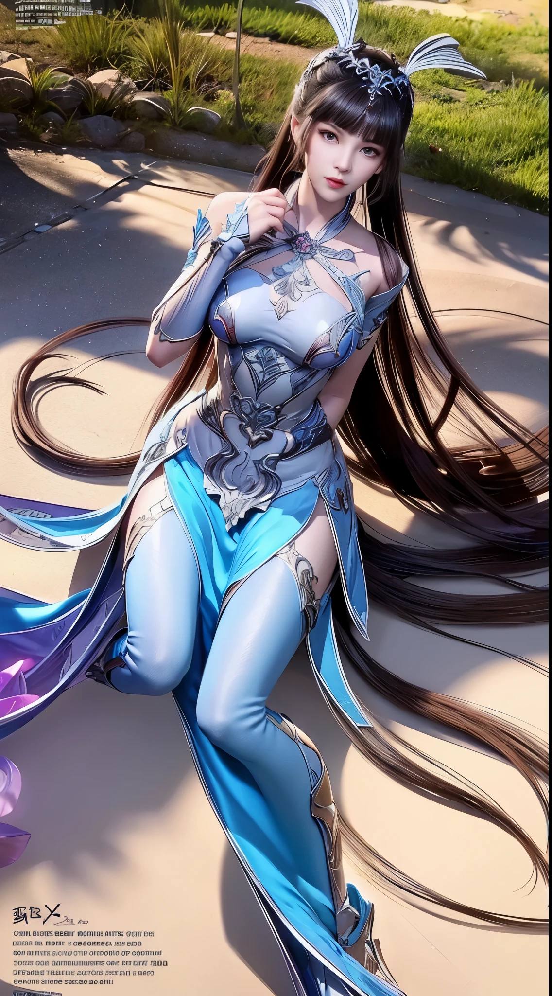 Close-up of a woman in a silver blue dress, Cheng Weipan Art Station, Xiuxian Technology Sense, detailed fantasy art, Stunning character art, Epic and beautiful character art, beautiful armor, Extremely detailed artistic sprouts, Detailed digital animation art, Art site Pixiv on Artgerm, Armor girl, Exquisite and intricate headdresses and jewelry，Big breasts，big breasts，expose breast,huge breast,Full body display，Full body display，