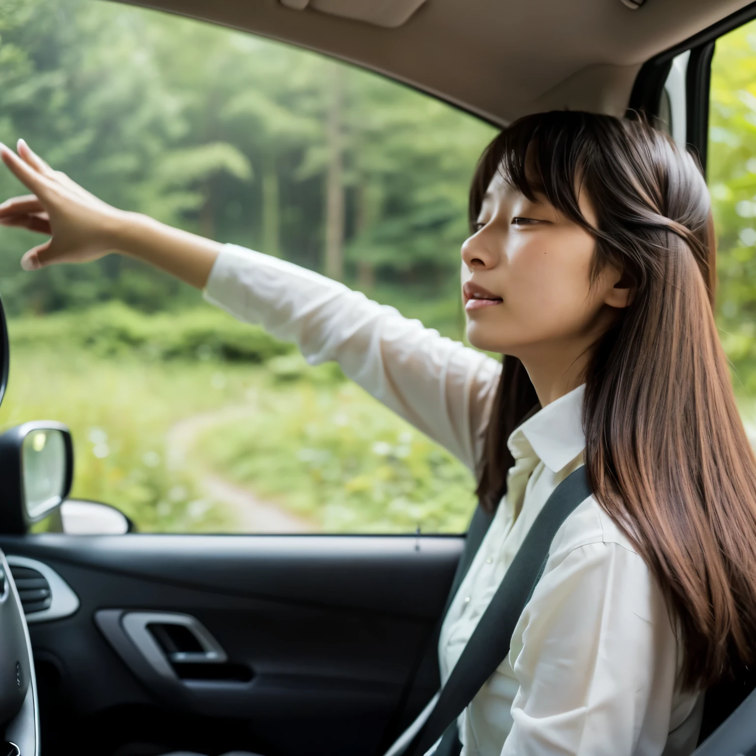 Girl, driving a car, on a forest road, crying, Asian (Her hair is straight and soft, reaching her shoulder)Her eyes are brown