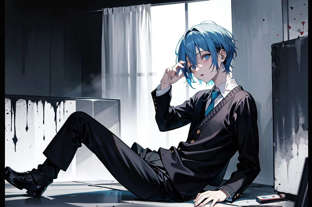 1 guy,One,(whole body:1.1),
school uniform,black hip-high shelf:1.2),
(Highest image quality),Colorful,(masterpiece:1.5),ultra high resolution,Best quality,extremely detailed wallpaper,(complex part),detailed light, light-blue hair, zombie