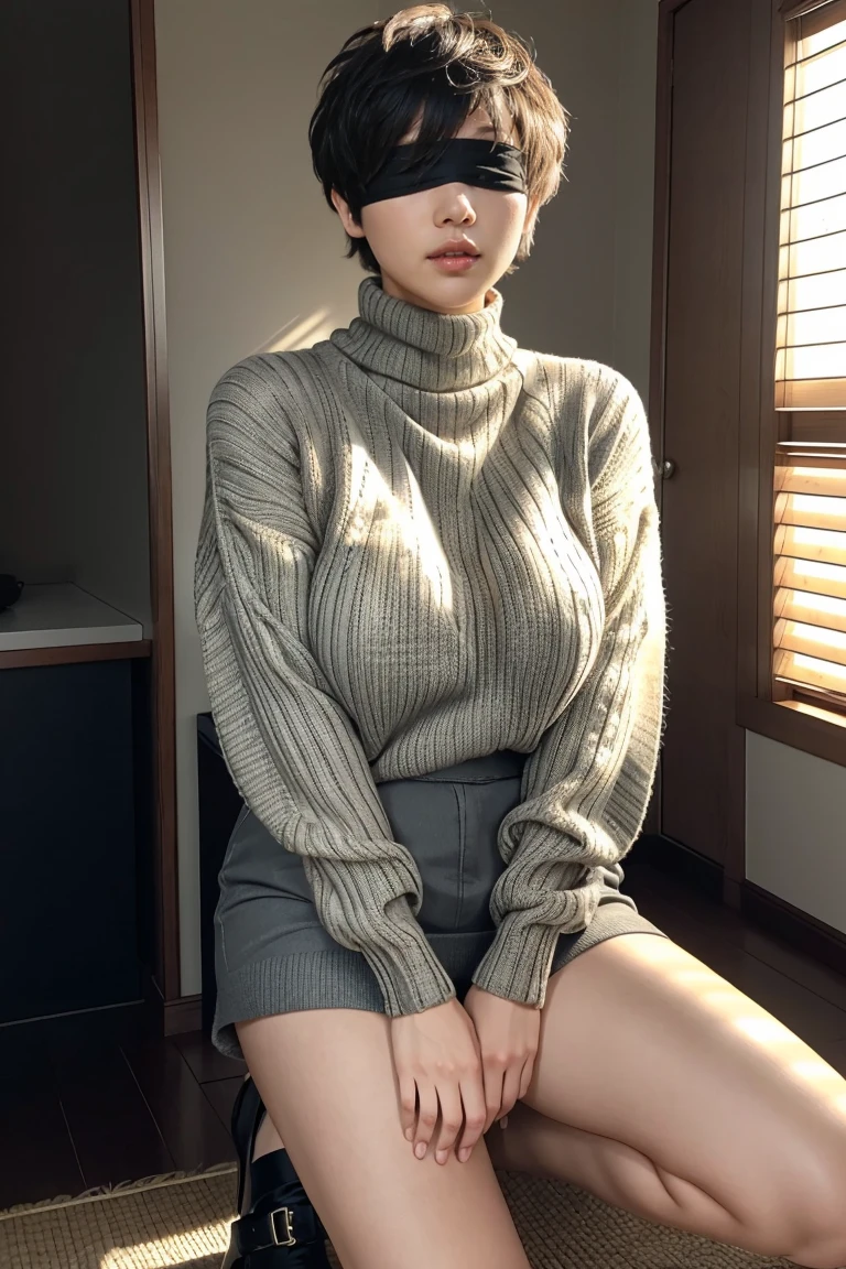 1 japanese female,(disheveled extra fluffy pixie cut:1.2)、8K、RAW photo、high quality、high quality、Extremely detailed photography、An eye for detail、super detail face、Super detailed reproduction of hair、super detail body、(photography lighting:1.3)、dark brown short hair、good lips、natural makeup、 (Dark grey cable knit turtleneck sweater:1.2)、(fine fabric:1.3), (slanted eyes)、tilting head, (huge breasts:1.2), thick thighs, thick waist, (realistic, photorealism: 1.37),(fullbodyshot),(hiheels),(standing),looking at viewer,(((Big black blindfold)))