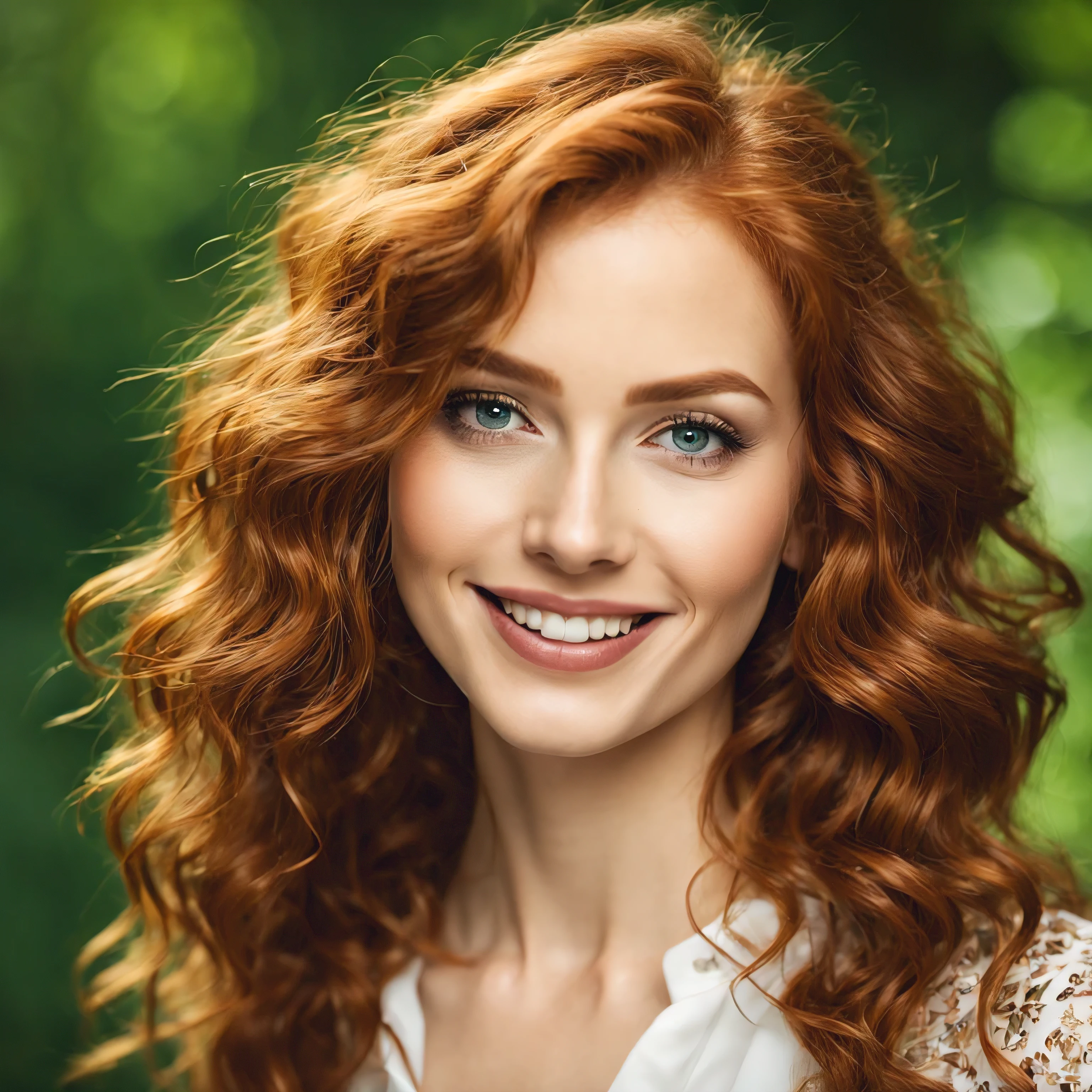 A beautiful, red-haired woman of 25 years old. She is slim and has a healthy appearance. She has long, wavy locks and a radiant skin. Her eyes are green and her lips are full. She has a charming smile and a confident look.