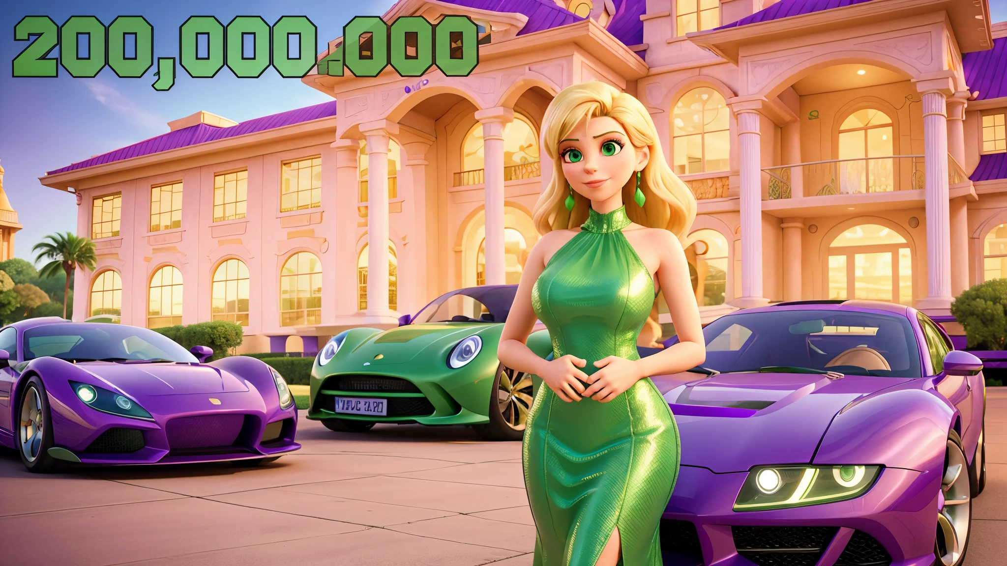 arafed woman in a green dress standing in front of a purple sports car, $100000000, wealthy women, amouranth as a super villain, luxury lifestyle, molly millions, huge mansion, kicking a florida mansion, better known as amouranth, very expensive, mansion, wealthy, expensive masterpiece