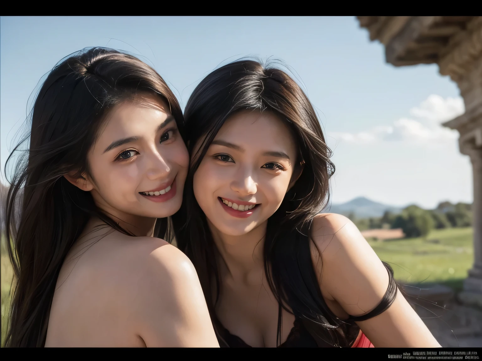 Ancient Roman scenery in the style of Nicolas Poussin,A smile,,Sweet and seductive appearance.、Caravaggio's paintings、Chiaroscuro of Caravaggio、Hair disheveled in the wind,Two women frolicking,Cute smile, Expression of ecstasy,A sexy,erotic