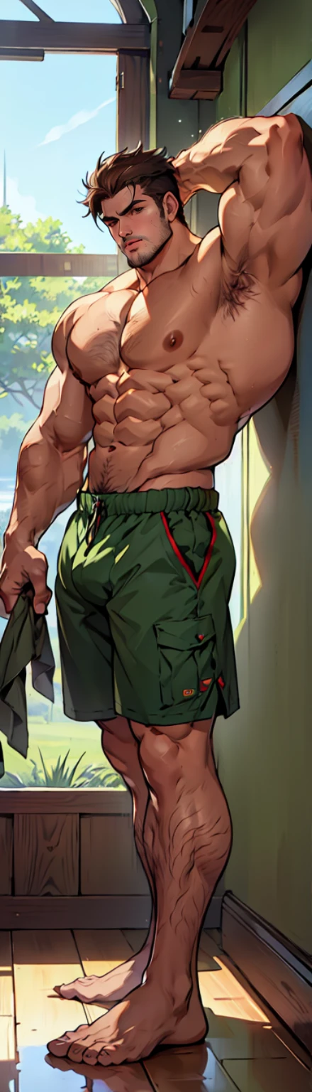 (shoeless)，(shoeless)，(Legs covered with long, thick leg hair)，(Keep his eyes open)，Super big feet,(Whole body),(Long leg hair)，( With a green tattoo on his shoulder),(body hair thick)，(Super big feet),show off thick arms to the audience，(He was wearing shorts which showed his long, muscular, hairy legs)，(The  organs are extremely prominent)，(Very large )，(shorts),（Giant arm）,The background in an interior with vintage furniture and vintage wooden floor surroundinacropodia),(Long legottom-up view)，(Side to audience) ，(Put his hands at his waist)， (eyes looking at audience) ，(There a huge protuberance across the part)，Side Body，Sense of evil，Sharp eyes，(Thick dark brown hair on )，closeup of arms，((The camera zooms in))，((The audience blocked by the protagonist in a corner and the perspective slightly lower.))，(Bottom-up view)，()，(Shoulders exposed)，(Stout arms)，Shoulders very broad，Muscles protrude a lot，Bulging ，(Long legs)，Highest image quality，Anime ，anime wallpaper，Dilation of the pectoral muscles，Espalhe as pernas，,(master part, best quality)，((Exaggerated bulge of muscles))，The protagonist very tall and his head almost reaches the ceiling，Lush woods outside the window，musclebound and hulking, muscular characters, super buff and cool, tall and muscular, muscular!!, very buff, muscular attractive men, massive muscles, big muscle, Muscular men, anime handsome men, muscular!, gigachad muscles, muscular bodies, muscular character，
