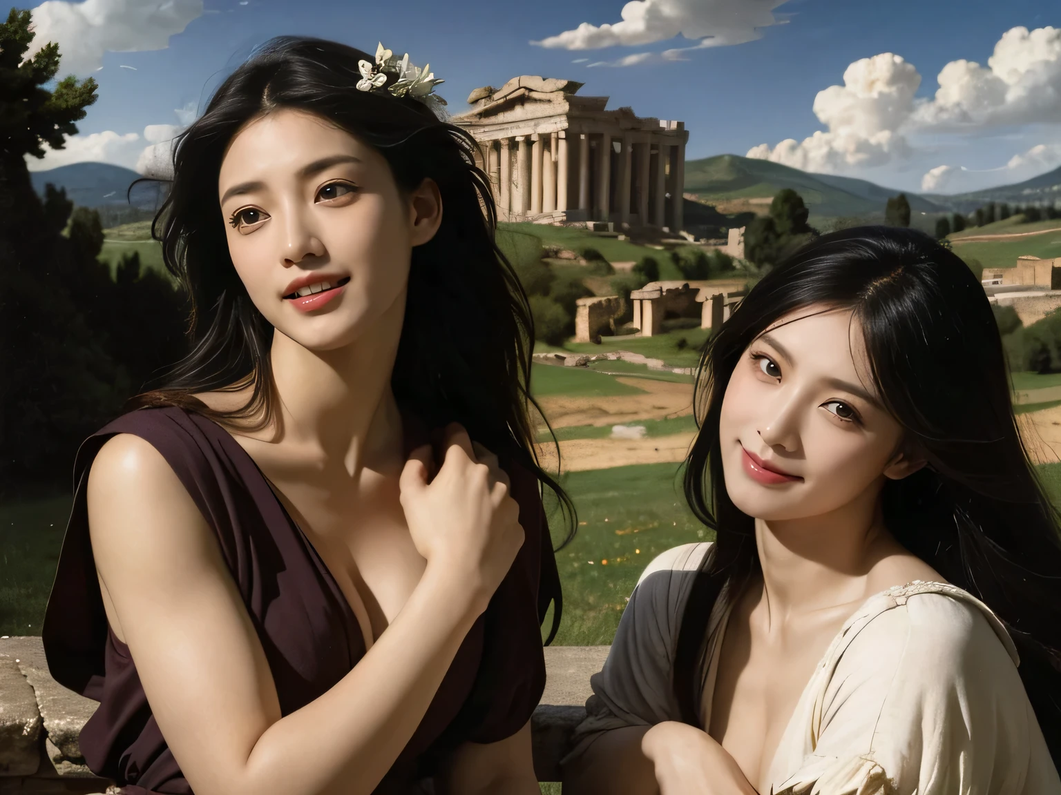 Ancient Roman ruins,Poussin-style landscape,A smile,,Sweet and seductive appearance.、Caravaggio's paintings、Chiaroscuro of Caravaggio、Hair disheveled in the wind,Two women frolicking,Cute smile, Expression of ecstasy,A sexy,Erotic