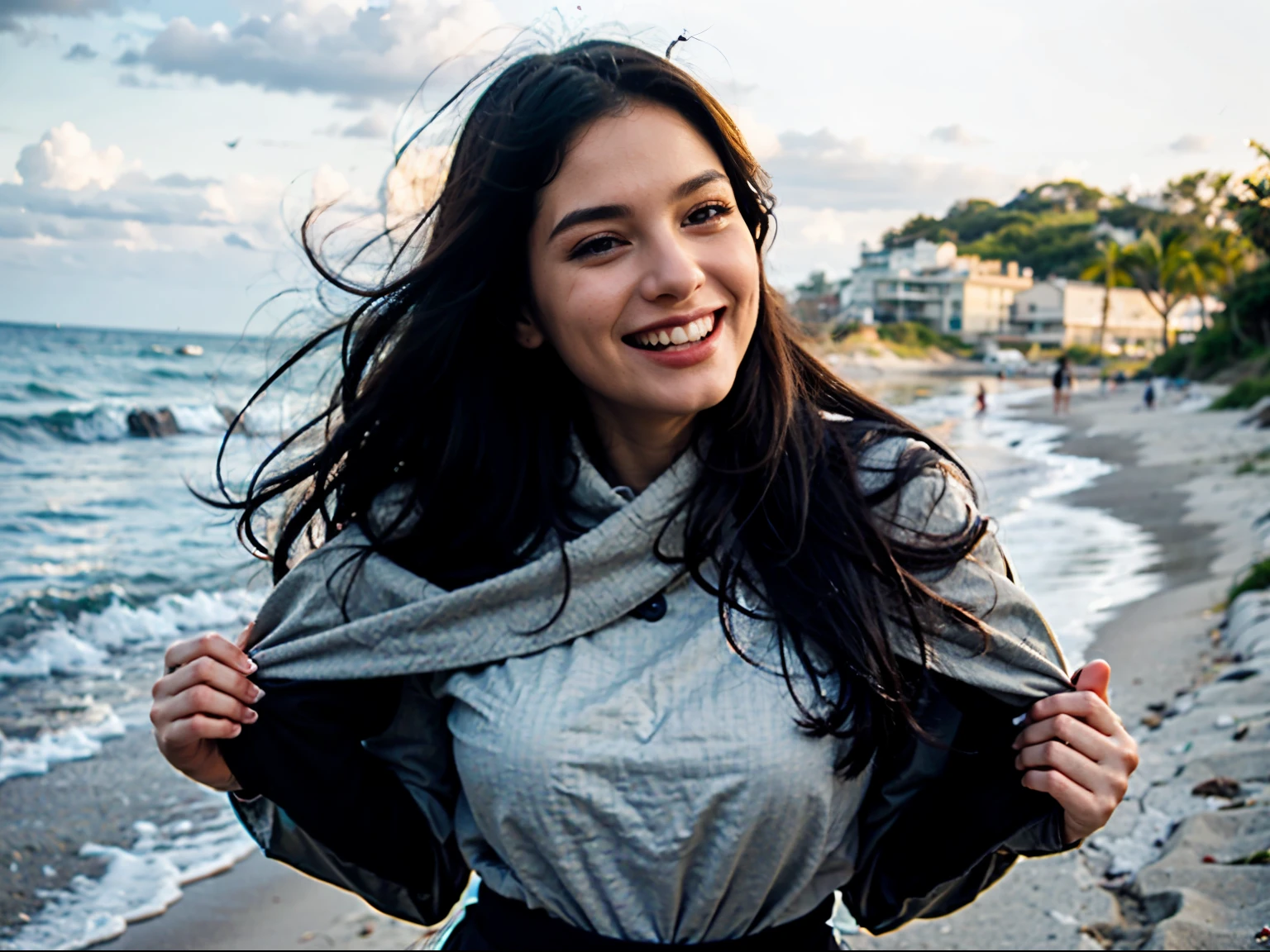 ((best quality)), ((masterpiece)), (detailed), perfect face , long black hair , waist shot , half body , beach , winter , happy , laughing