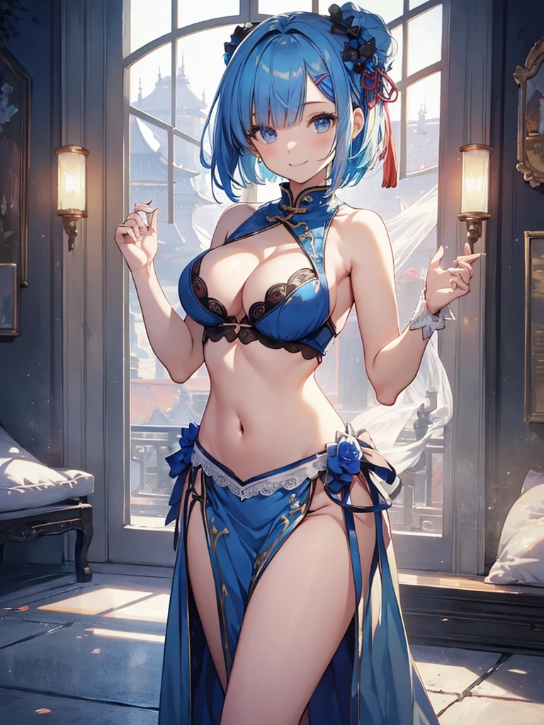 masterpiece, best quality, ultra-detailed, 
Rem, re zero, Blue hair, Short bob hair, large breasts, cleavage, navel, 
smile,((standing (on side) )),china clothes, long slit, heart pasties,pretty face, cute girl, pretty, 18_years_old_girl, 