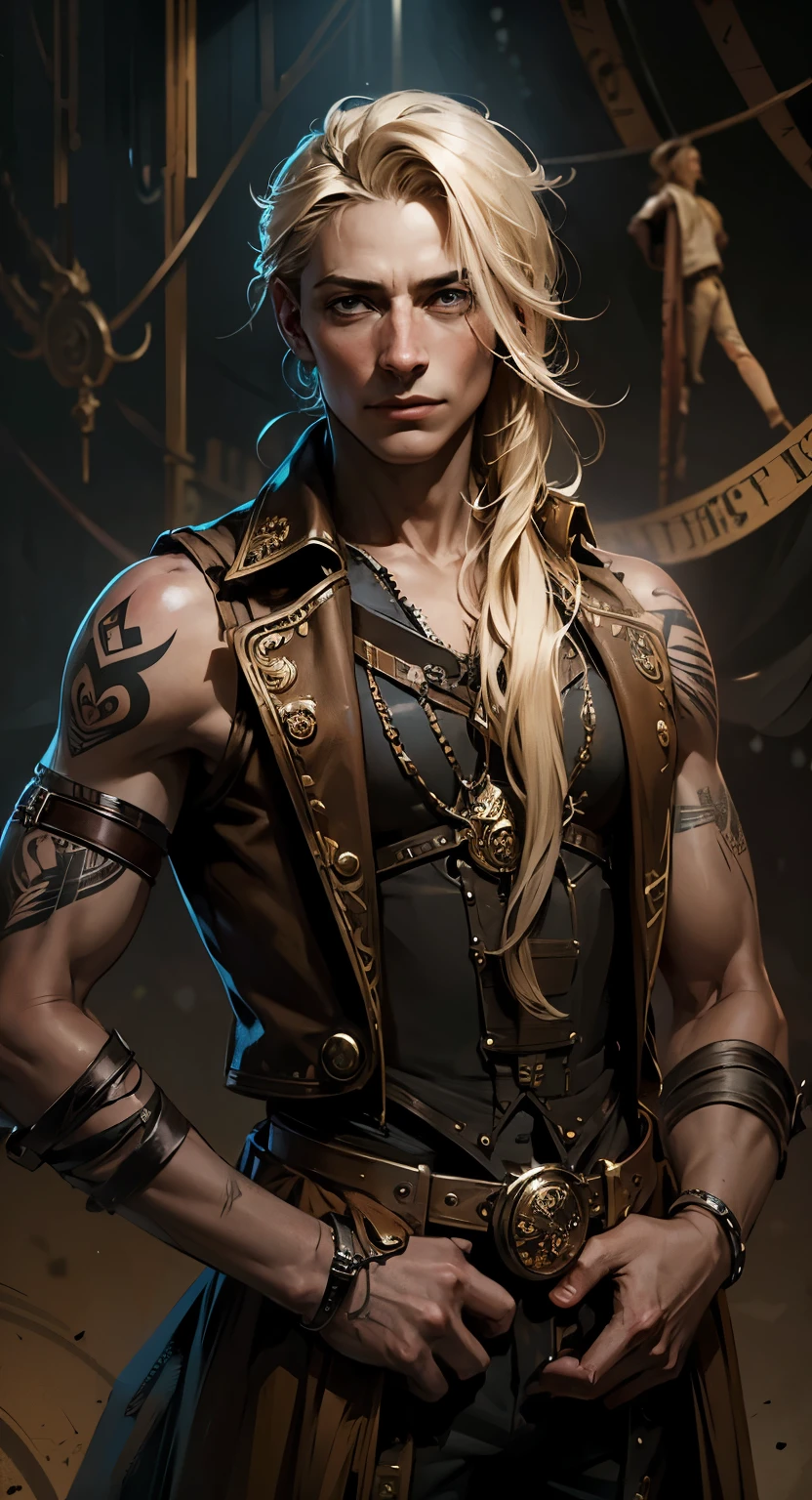 fantasy steampunk, skinny man, long blonde hair, black eyes, tan skin, face with many scar, look like Barry Keoghan, many black tattoo on hands, circus background, he is an illusionist and mage, teenager, steampunk cowboy style in clothes, Western fantasy style