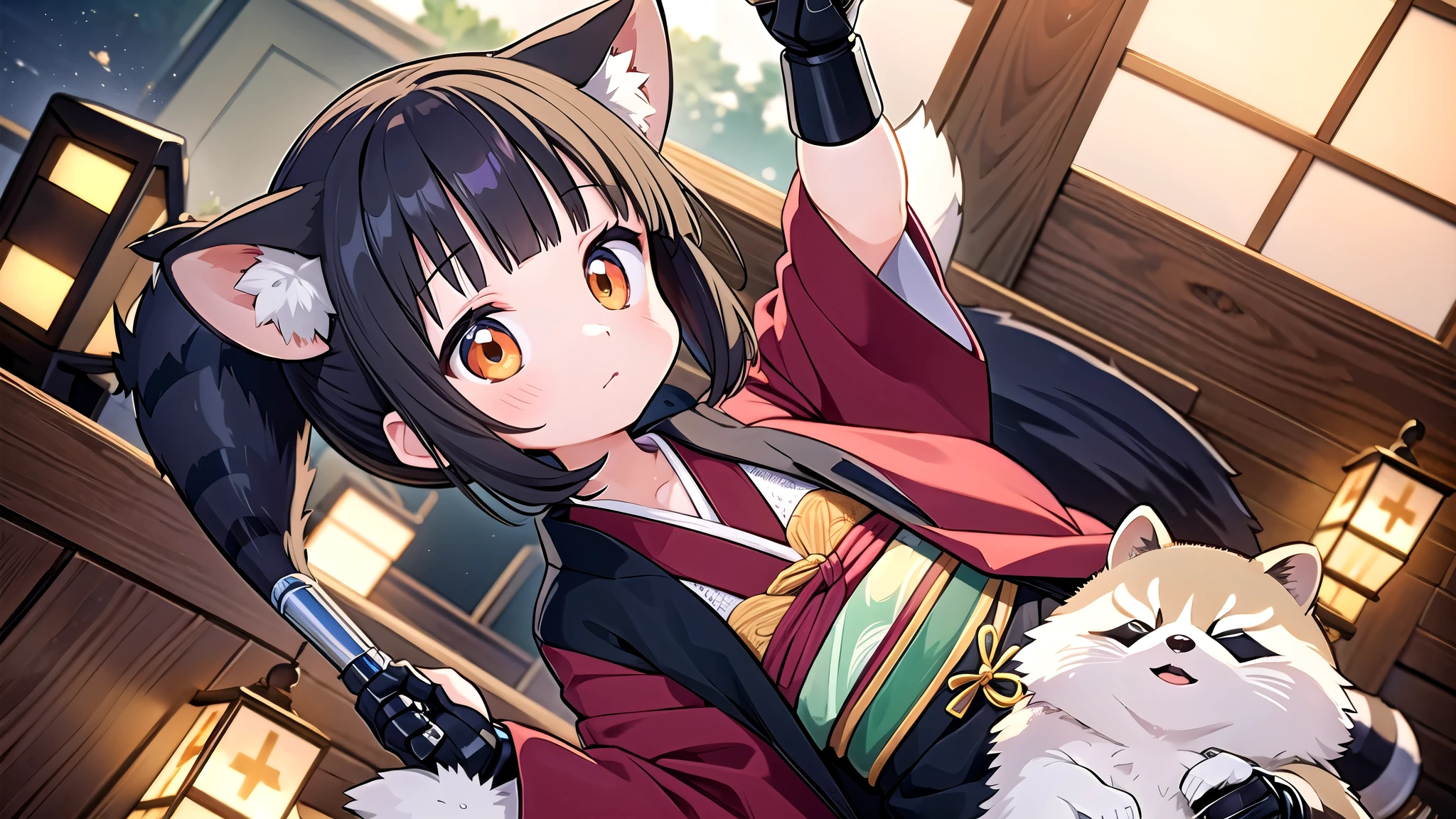 no background、girl、（（mechanical limbs））、（（））、（Kemonomimi（Raccoons））、（one short tail（Raccoons））、kimono（No damage）