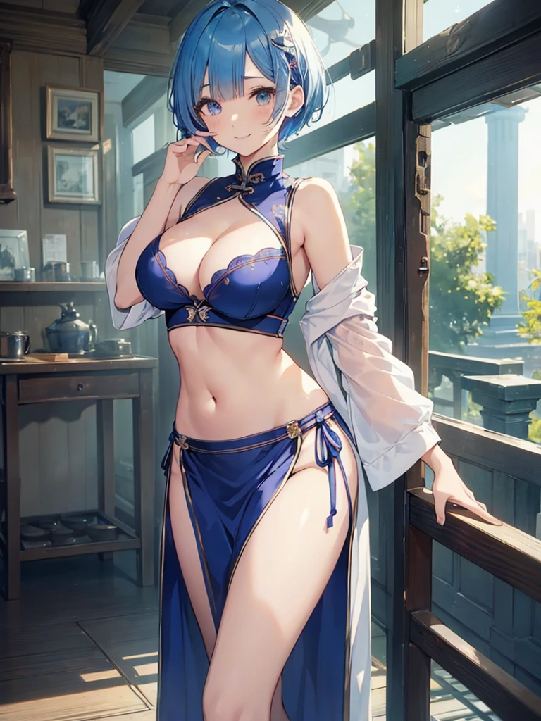 masterpiece, best quality, ultra-detailed,
Rem, re zero, Blue hair, Short bob hair, large breasts, cleavage, navel,
smile,((standing (on side) )),china clothes, long slit,((pretty face, cute girl, pretty)), 18_years_old_girl, ((tareme)),