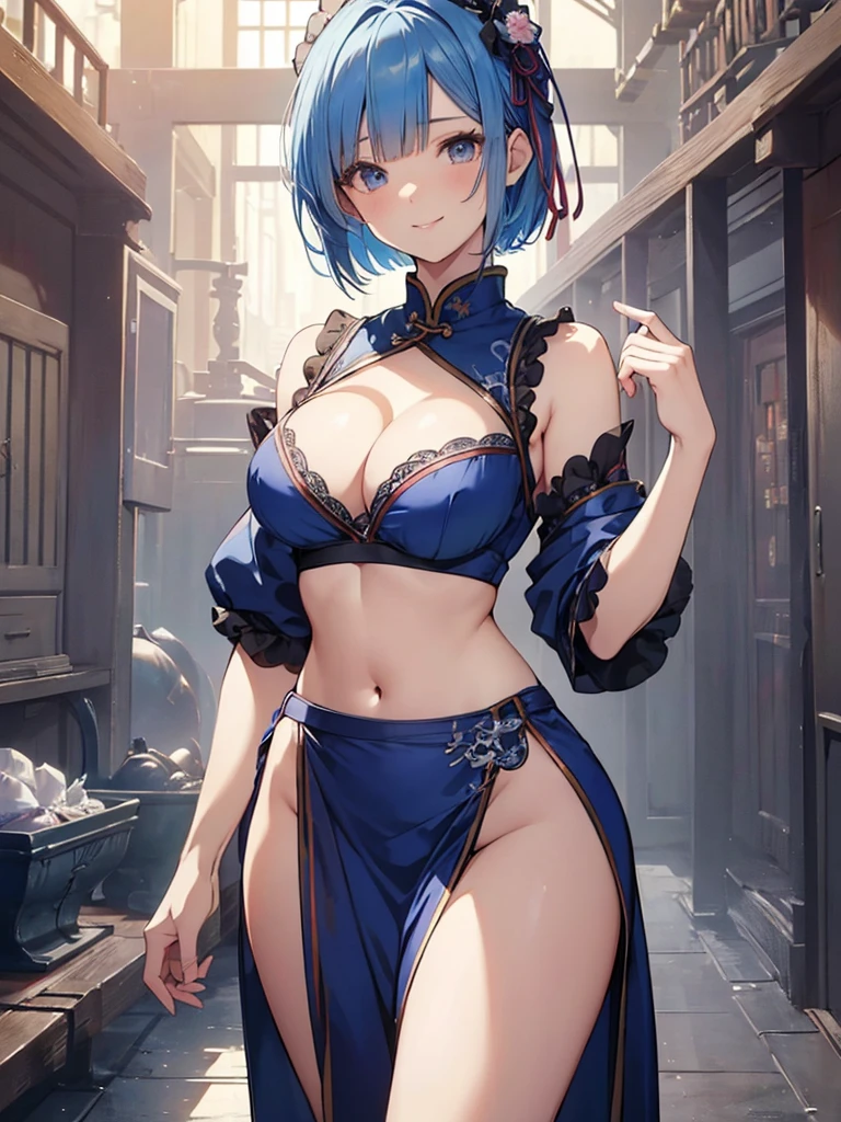 masterpiece, best quality, ultra-detailed,
Rem, re zero, Blue hair, Short bob hair, large breasts, cleavage, navel,
smile,((standing (on side) )),china clothes, long slit,((pretty face, cute girl, pretty)), 18_years_old_girl, ((tareme)),