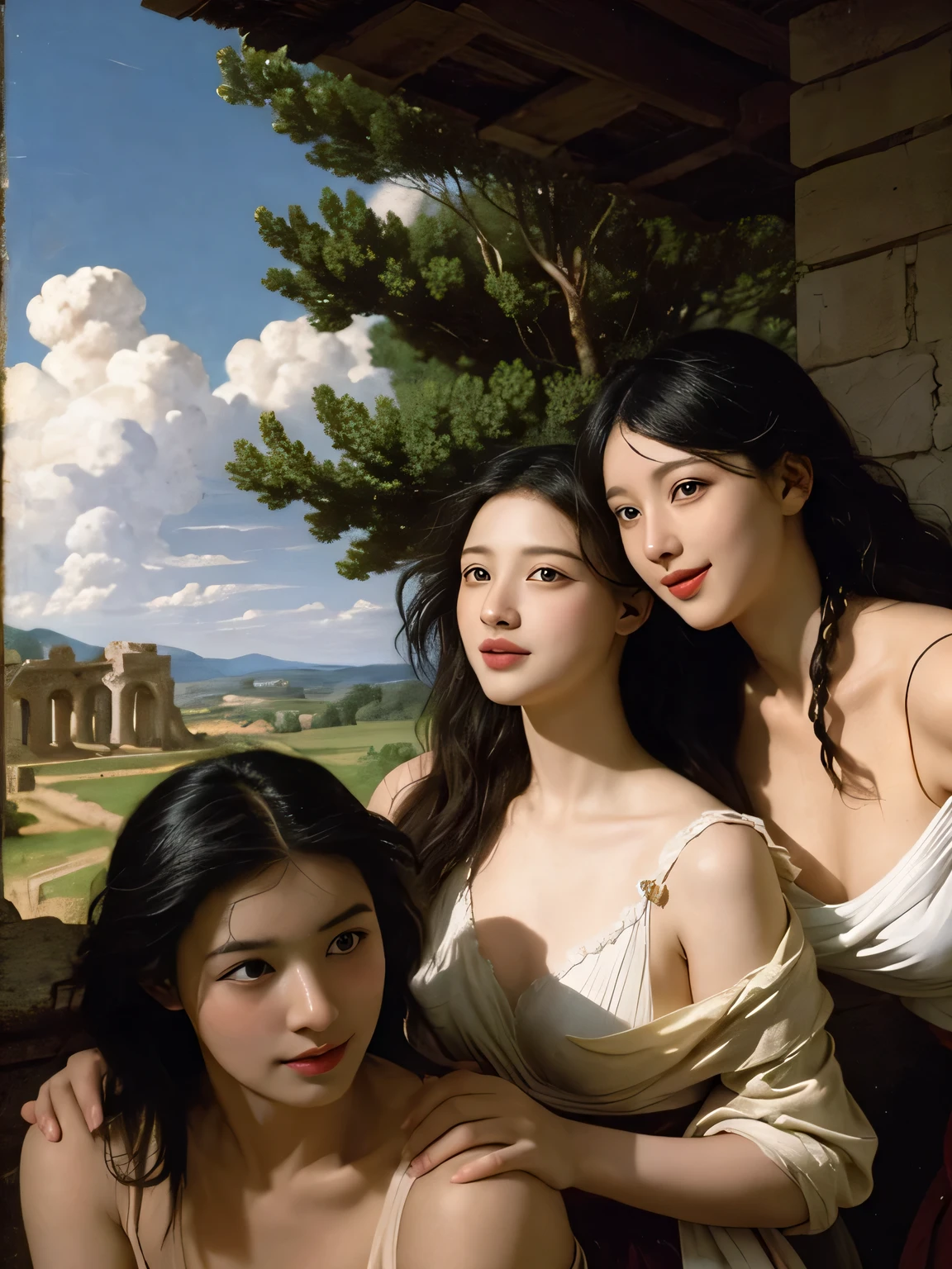 Ancient Roman landscape in the style of Nicolas Poussin,laughter,,Sweet and seductive appearance.、Caravaggio's paintings、Chiaroscuro of Caravaggio、hair tousled by the wind,Two women frolicking,cute smile, expression of ecstasy,Sexy,erotic
