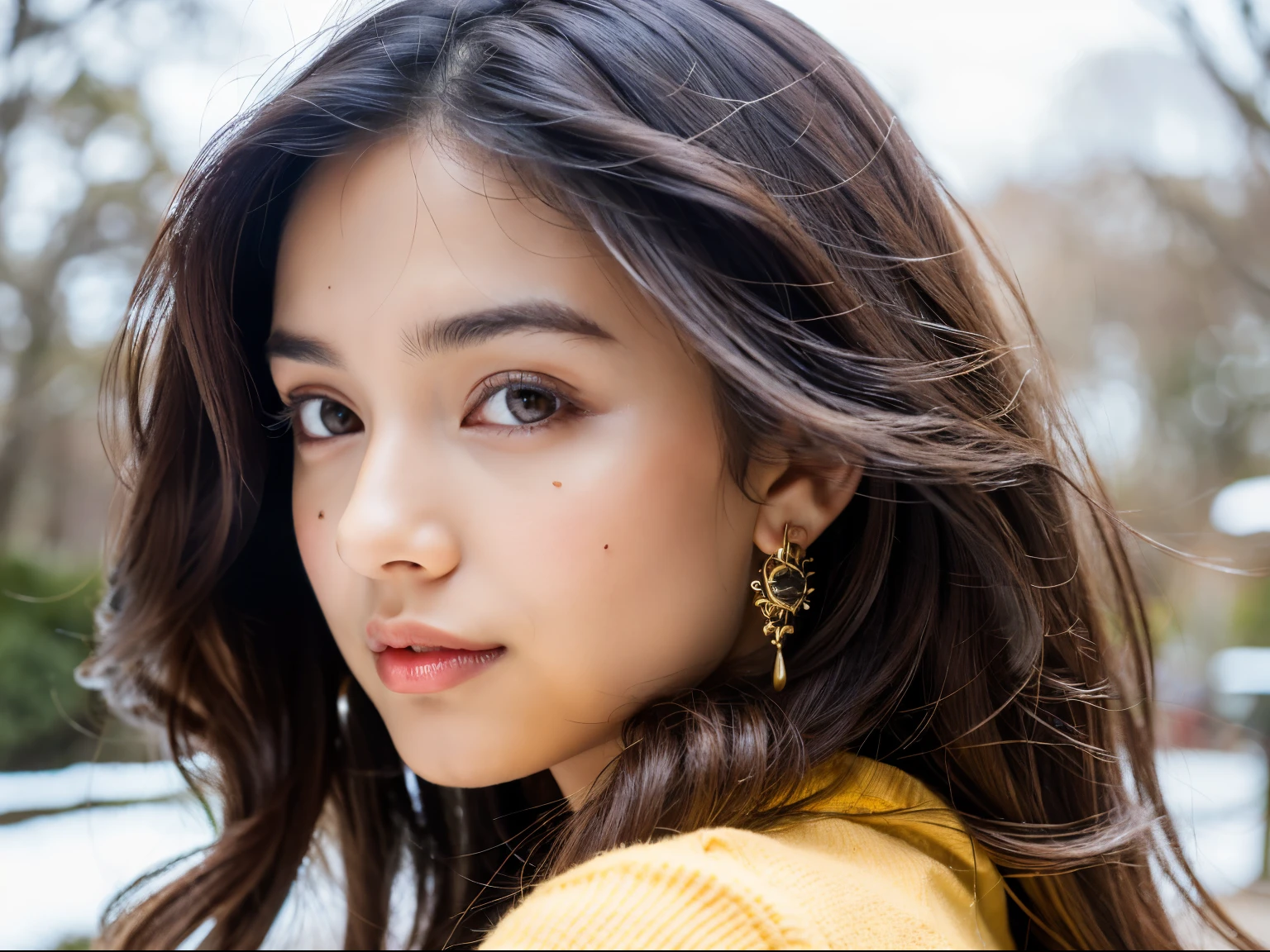 ((best quality)), ((masterpiece)), (detailed), perfect face, ager 19 year old girl ,surreal, indian girl, (high resolution), (8K), ((extremely detailed)), (best illustration),beautiful detailed round eyes ,brown hairs, (best quality), (super detailed), (masterpiece), (detailed face), best quality, big breasts ,wearing beautiful yellow traditional , winter clothes , tide leggy , with beautiful earing , Seductive body ,long black curly hair ,Super chic face detail, Super detailed lips)), ((Detailed eyes, in outside