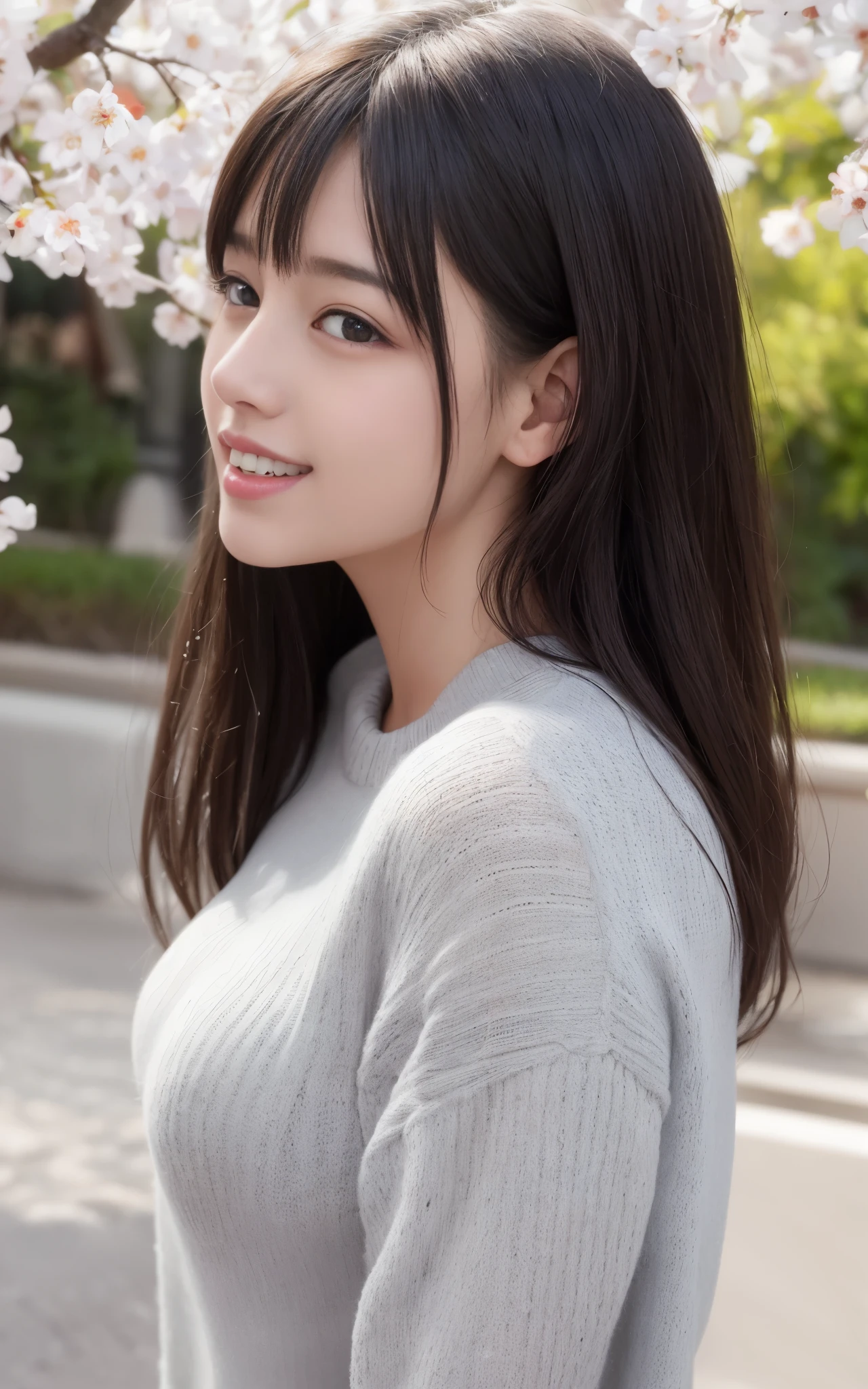 highest quality, figure, super detailed, finely, High resolution, 8k wallpaper, 完璧なダイナミックな構figure, beautiful skin, (Big eyes that shine like jewels), 20 year old beautiful girl, natural color lip, random sexy poses, Chest middle, smile, Highly detailed face and skin texture, Detailed eyes, Double eyelid,leaking teeth and laughing, close-up, profile, long black hair, (gray sweater:1.2), cherry blossoms