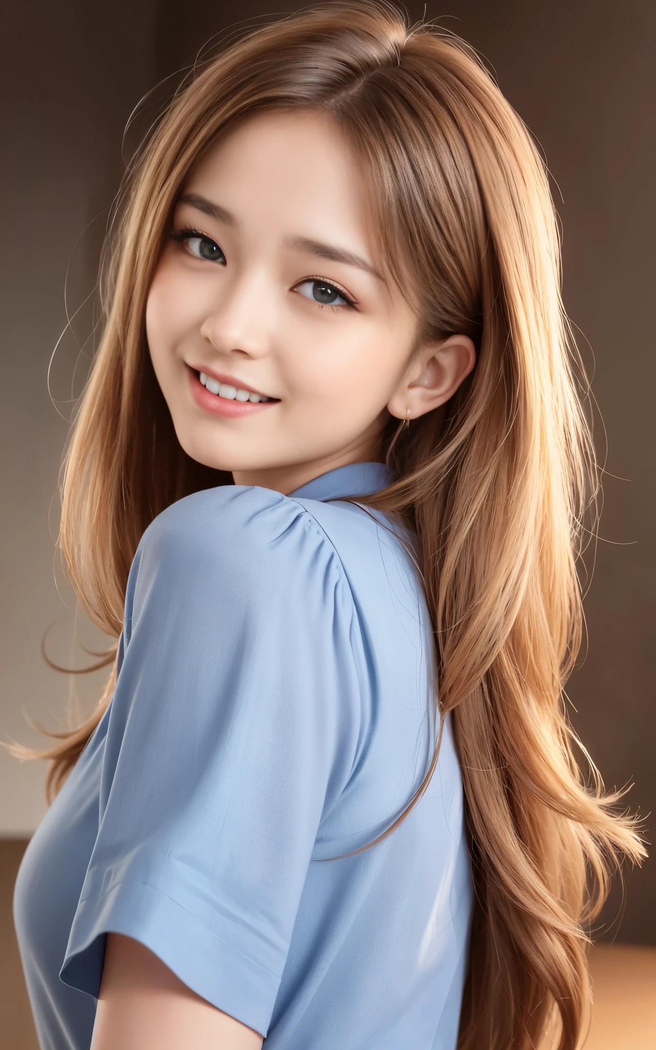 highest quality, figure, super detailed, finely, High resolution, 8k wallpaper, 完璧なダイナミックな構figure, beautiful skin, (Big eyes that shine like jewels), 20 year old beautiful girl, natural color lip, random sexy poses, Chest middle, smile, Highly detailed face and skin texture, Detailed eyes, Double eyelid,leaking teeth and laughing, close-up, from side, Beige long hair, (Blue blouse:1.2), sunset