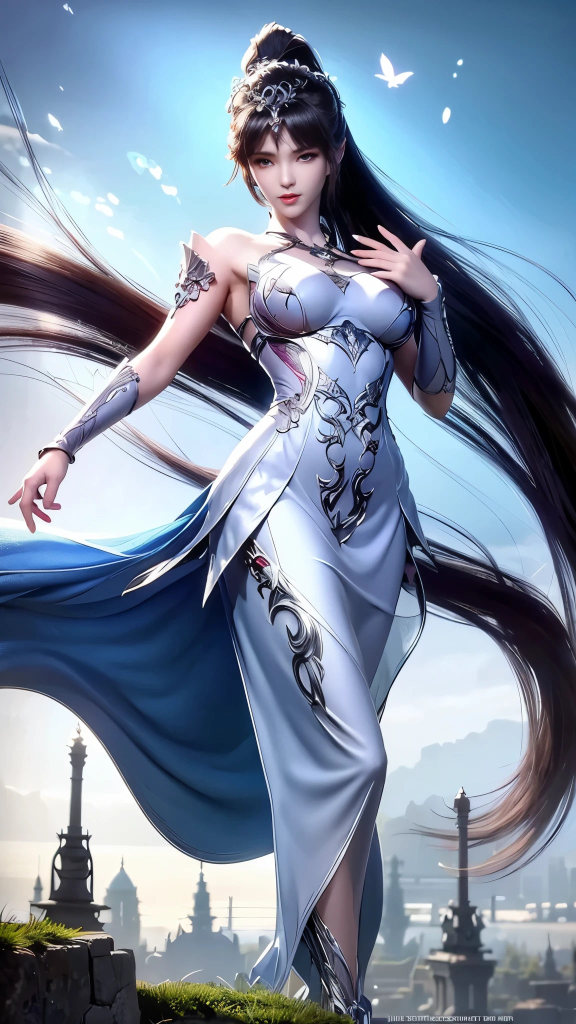 Close-up of a woman in a silver blue dress, Cheng Weipan Art Station, Xiuxian Technology Sense, detailed fantasy art, Stunning character art, Epic and beautiful character art, beautiful armor, Extremely detailed artistic sprouts, Detailed digital animation art, Art site Pixiv on Artgerm, Armor girl, Exquisite and intricate headdresses and jewelry，Big breasts，big breasts，expose breast,huge breast,Full body display，Full body display，expose breast,huge breast,expose breast,huge breast,expose breast,huge breast,expose breast,huge breast,