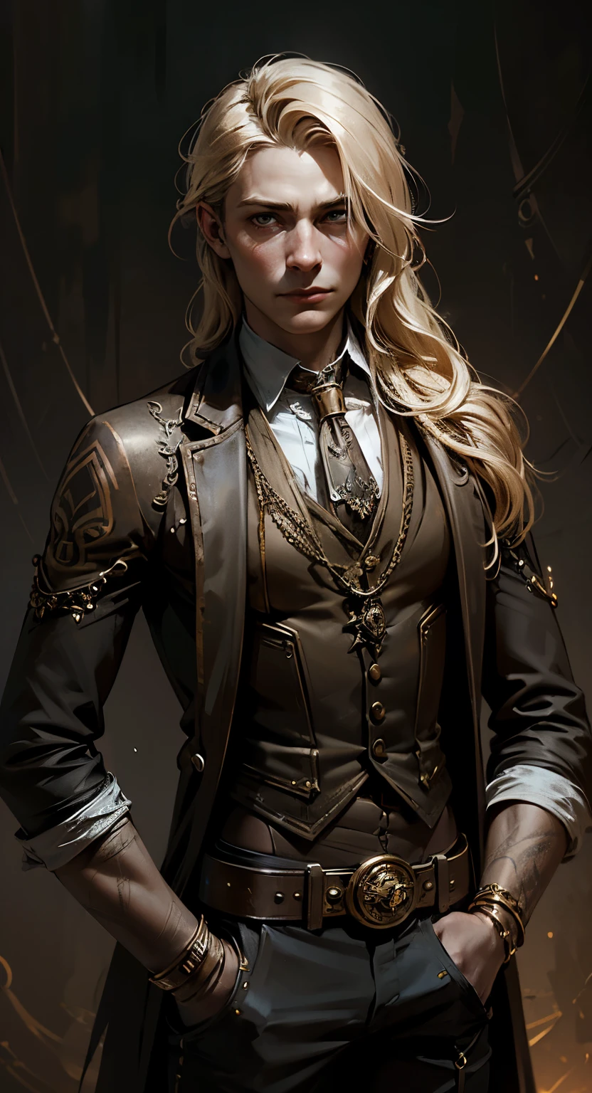 fantasy steampunk, slender man, long blonde hair, black eyes, tan skin, face with many scar, look like Barry Keoghan, many black tattoo on hands, circus background, he is an illusionist and mage, teenager, steampunk cowboy style in clothes, Western fantasy style
