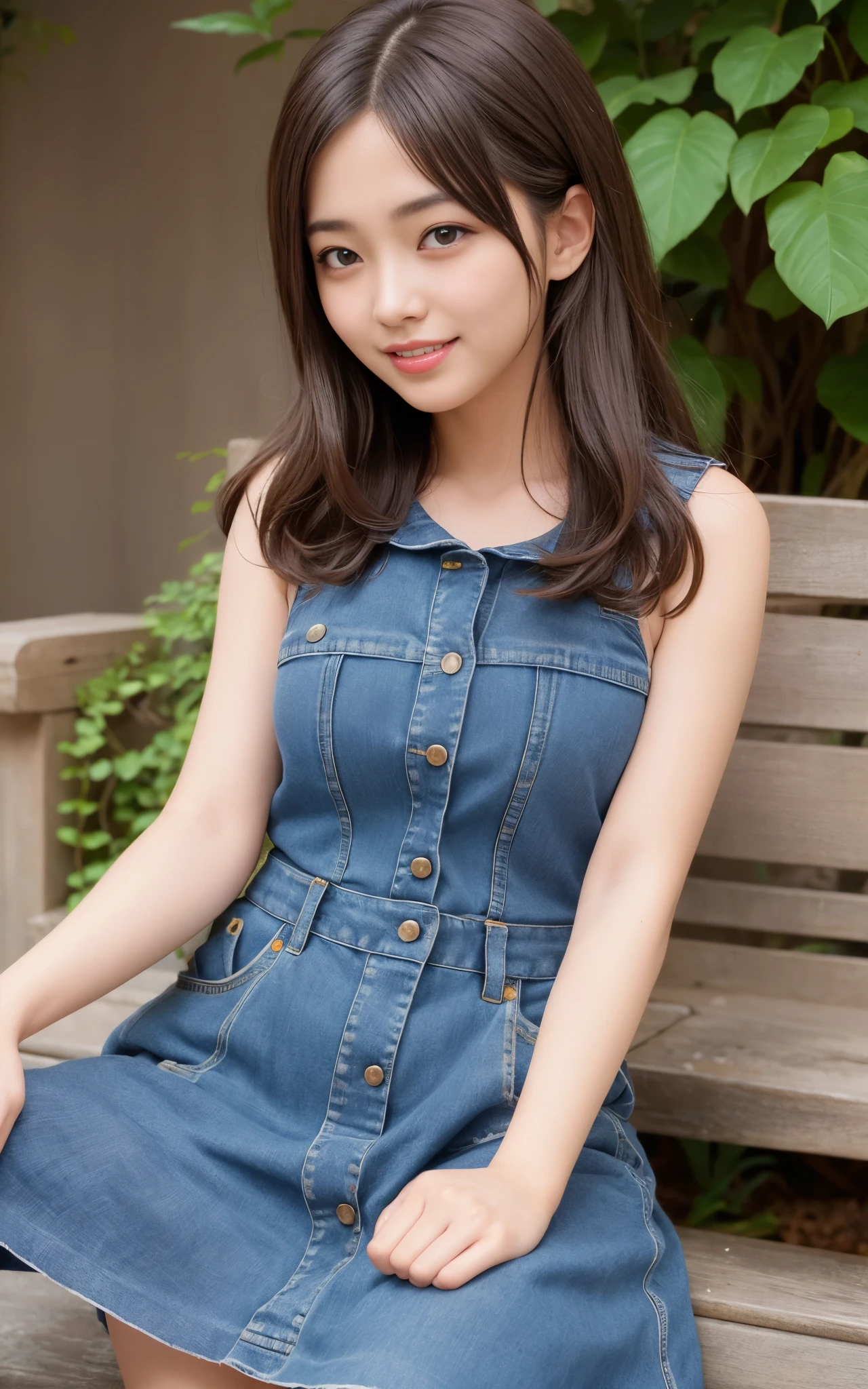 highest quality, figure, super detailed, finely, High resolution, 8k wallpaper, 完璧なダイナミックな構figure, beautiful skin, (Big eyes that shine like jewels), 20 year old beautiful girl, natural color lip, random sexy poses, Chest middle, smile, Highly detailed face and skin texture, Detailed eyes, Double eyelid,leaking teeth and laughing, close-up, profile, Brown-haired shorthair, (Denim dresses:1.2), beautiful scenery