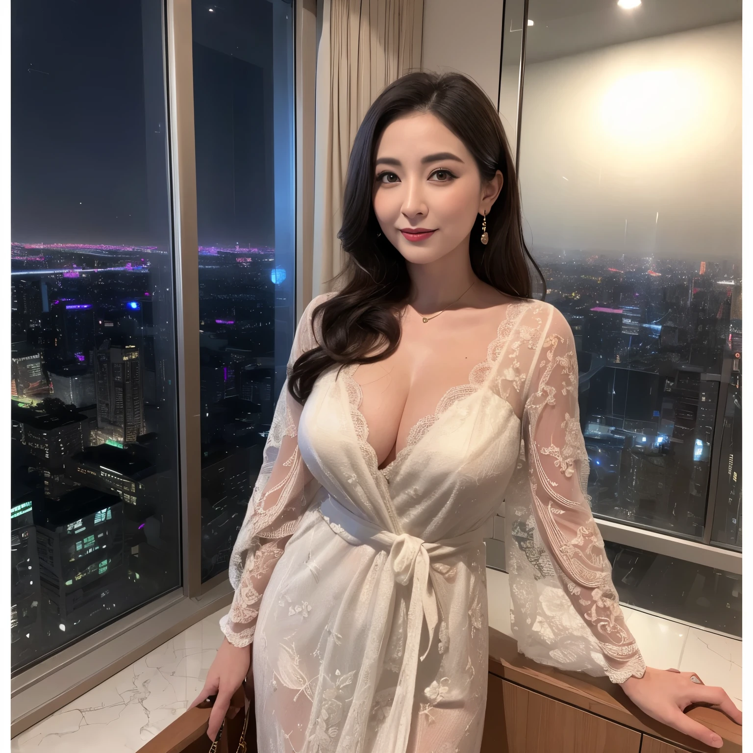 ((highest quality、muste piece、8K、Highest image quality、hyper realism))、1 45 year old mature woman、High-class high-rise condominium with 45 floors above ground、High-class high-rise apartment at night、Exclusive interior、vivid colors、Wearing a high class and elegant nightgown、big swollen chest、perfect makeup、dark lipstick、Beautiful and intricate night view seen through the huge windows、a sad smile looking at me、photo from the waist up、perfect anatomy