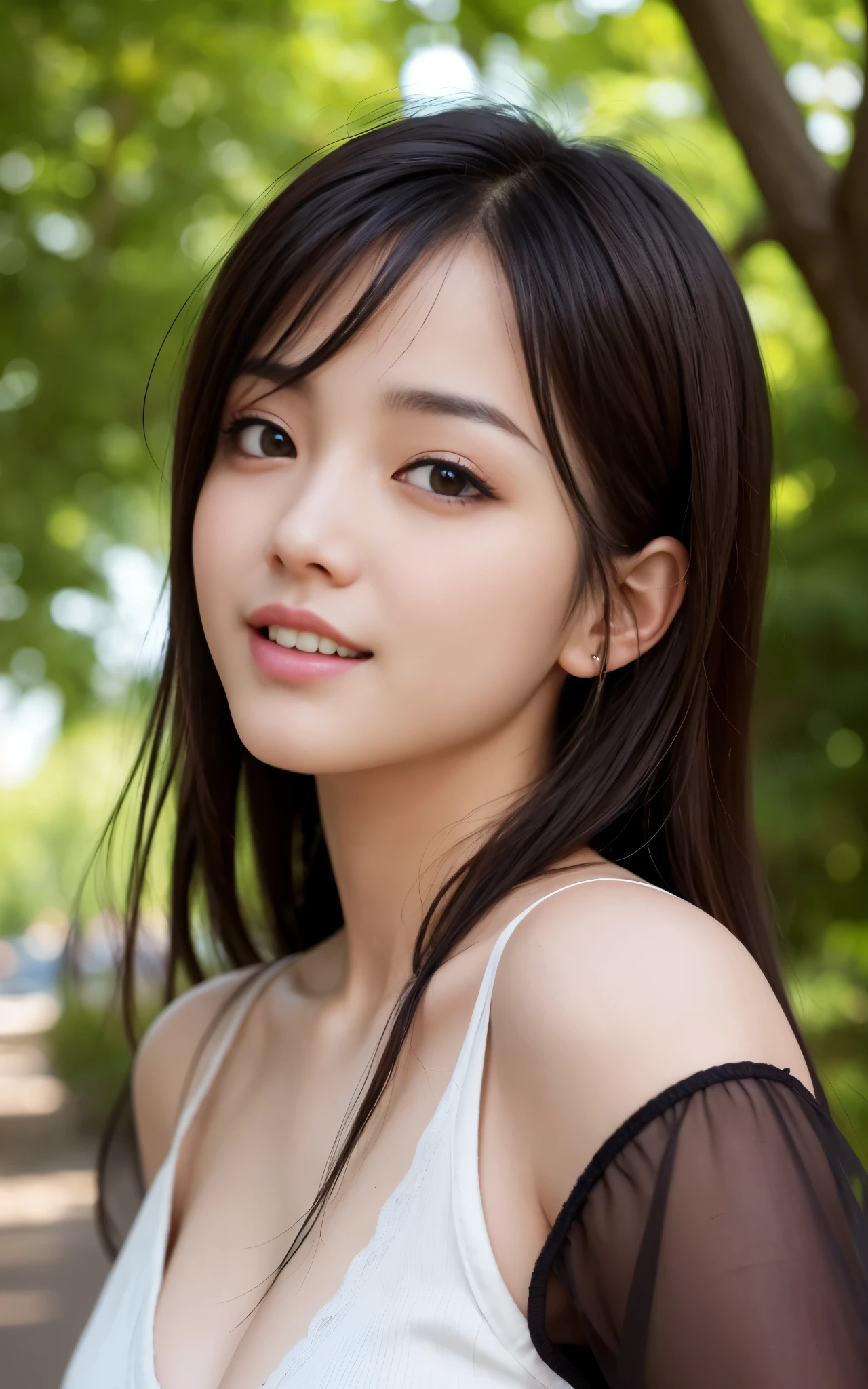 highest quality, figure, super detailed, finely, High resolution, 8k wallpaper, 完璧なダイナミックな構figure, beautiful skin, (Big eyes that shine like jewels), 20 year old beautiful girl, natural color lip, random sexy poses, Chest middle, smile, Highly detailed face and skin texture, Detailed eyes, Double eyelid,leaking teeth and laughing, close-up, from side, medium black hair, (Brown shirt:1.2), tree-lined avenue