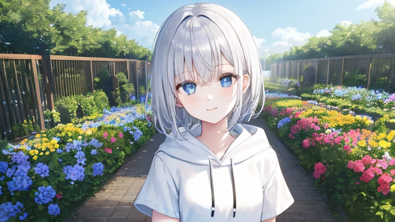 super high quality, with a girl, 20-year-old, とてもshort hair, long bangs between the eyes, pale blue eyes , blue sky, sunlight, very detailed,(masterpiece、highest quality)、alone、gray hair、laughter、White skin as clear as snow、fantasy, silver hair, black eye, beautiful eyes,, ecstasy, charm, be smitten with audience, short hair,blue sky , sunlight,fantasyな風景,looking down from above、white hoodie、black shirt、flower garden