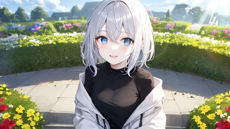 super high quality, with a girl, 20-year-old, とてもshort hair, long bangs between the eyes, pale blue eyes , blue sky, sunlight, very detailed,(masterpiece、highest quality)、alone、gray hair、laughter、White skin as clear as snow、fantasy, silver hair, black eye, beautiful eyes,, ecstasy, charm, be smitten with audience, short hair,blue sky , sunlight,fantasyな風景,looking down from above、white hoodie、black shirt、flower garden