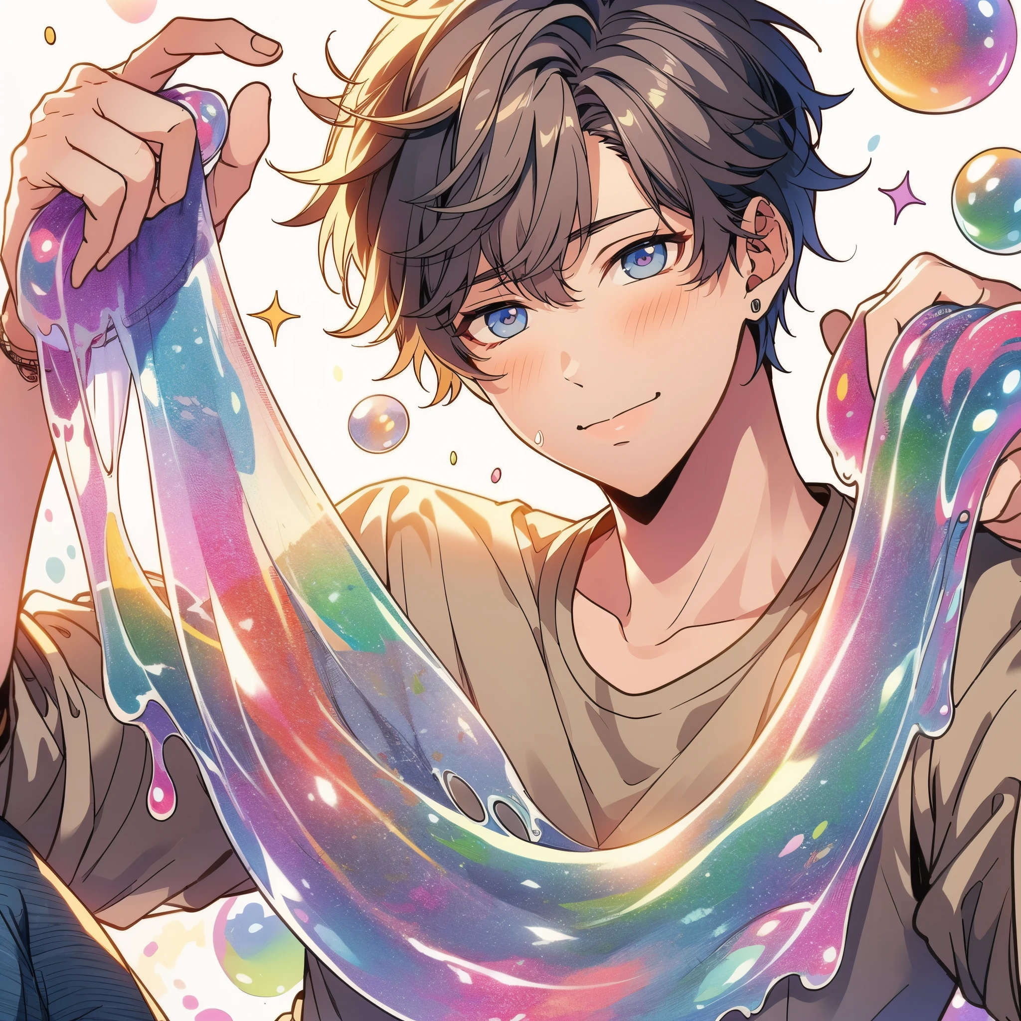 an anime-style young man with fluffy short hair and casual clothes, playing with colorful slime against a bright, pastel-colored background,high quality, amount of drawing, pixiv illustration