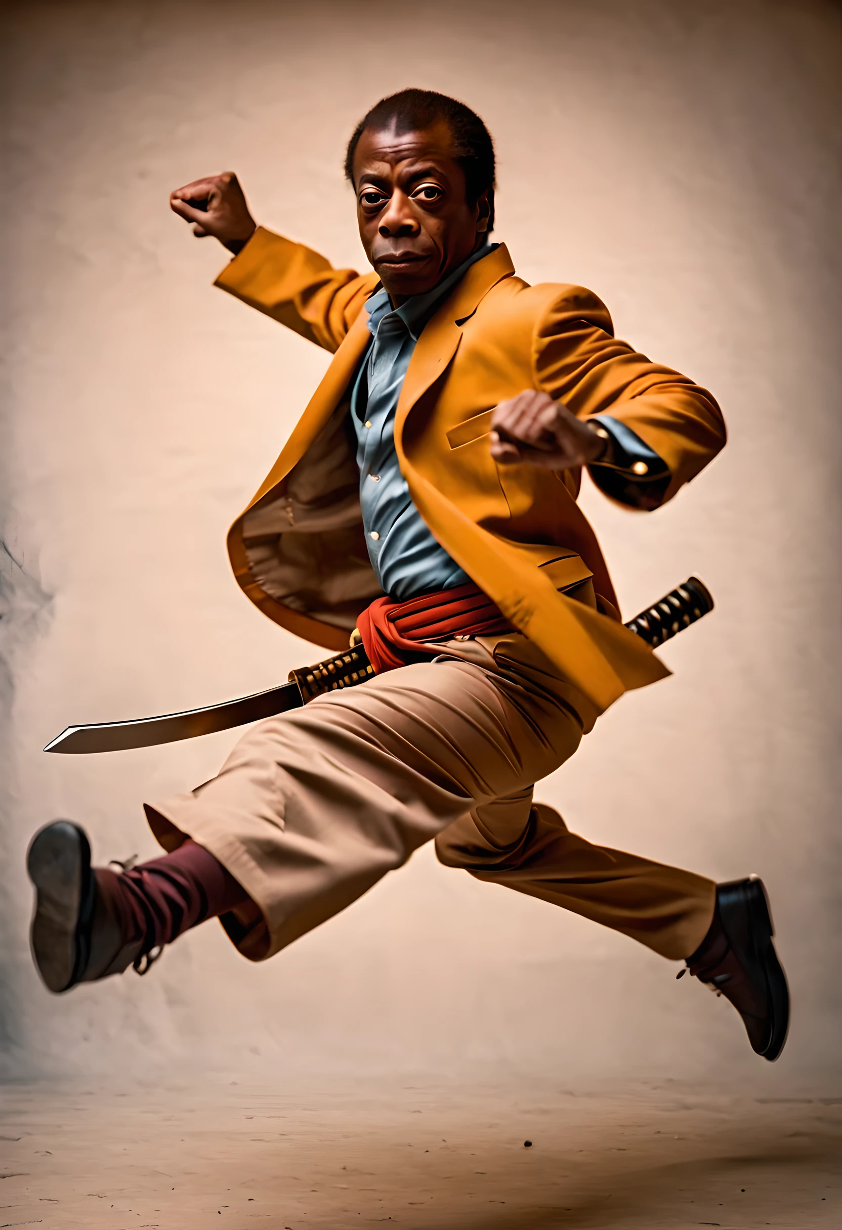 A silly photo of James Baldwin dressed as a Samurai striking an action pose, in the style of Wes Anderson, welding a katana as he jumps and poses for a photograph in 1985, vintage, film grain, full body