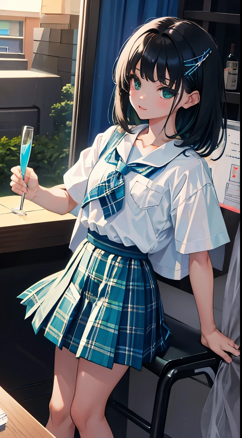 (),(masterpiece,Top quality),Blue-green plaid pleated mini skirt,short sleeve,black hair,Summer Classroom,night,night景