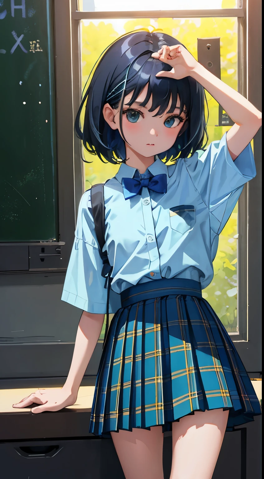 (child)，（masterpiece，Top quality)，Blue-green plaid pleated mini skirt，short sleeve，black hair，Summer Classroom，night，night景
