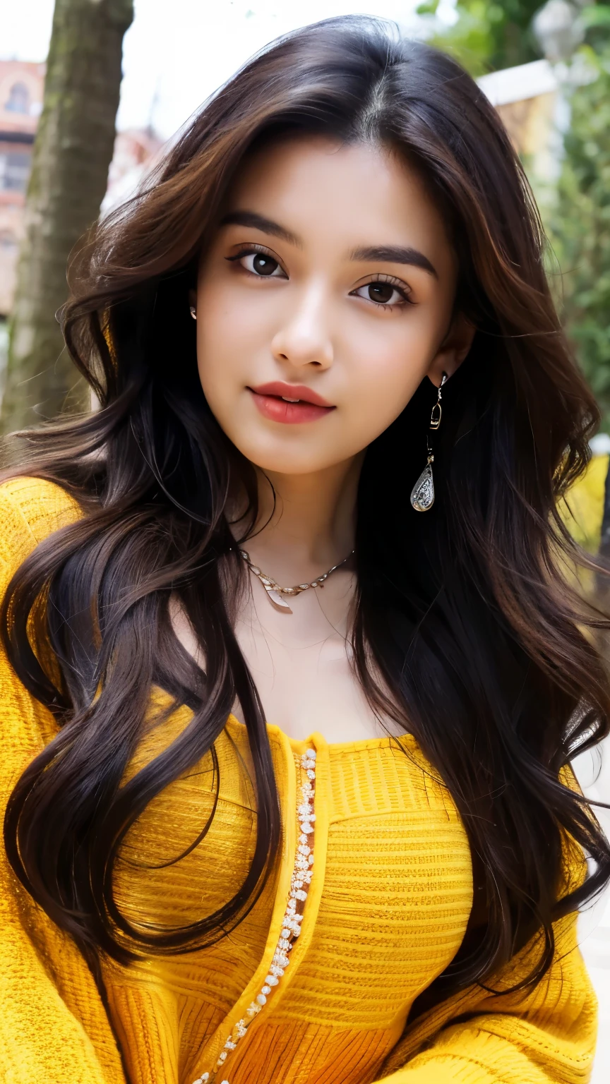 ((best quality)), ((masterpiece)), (detailed), perfect face, teenager 19 year old girl ,surreal, indian girl, (high resolution), (8K), ((extremely detailed)), (best illustration),beautiful detailed round eyes ,brown hairs, (best quality), (super detailed), (masterpiece), (detailed face), best quality, big breasts ,wearing beautiful yellow traditional , winter clothes , tide leggy , with beautiful earing , Seductive body ,long black curly hair ,Super chic face detail, Super detailed lips)), ((Detailed eyes, in outside , standing