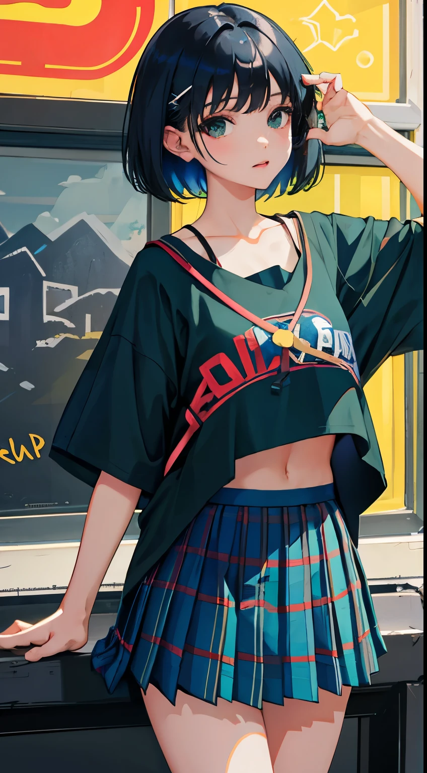 (child),(masterpiece,Top quality),Blue-green plaid pleated mini skirt,short sleeve,black hair,Summer Classroom,night,night景