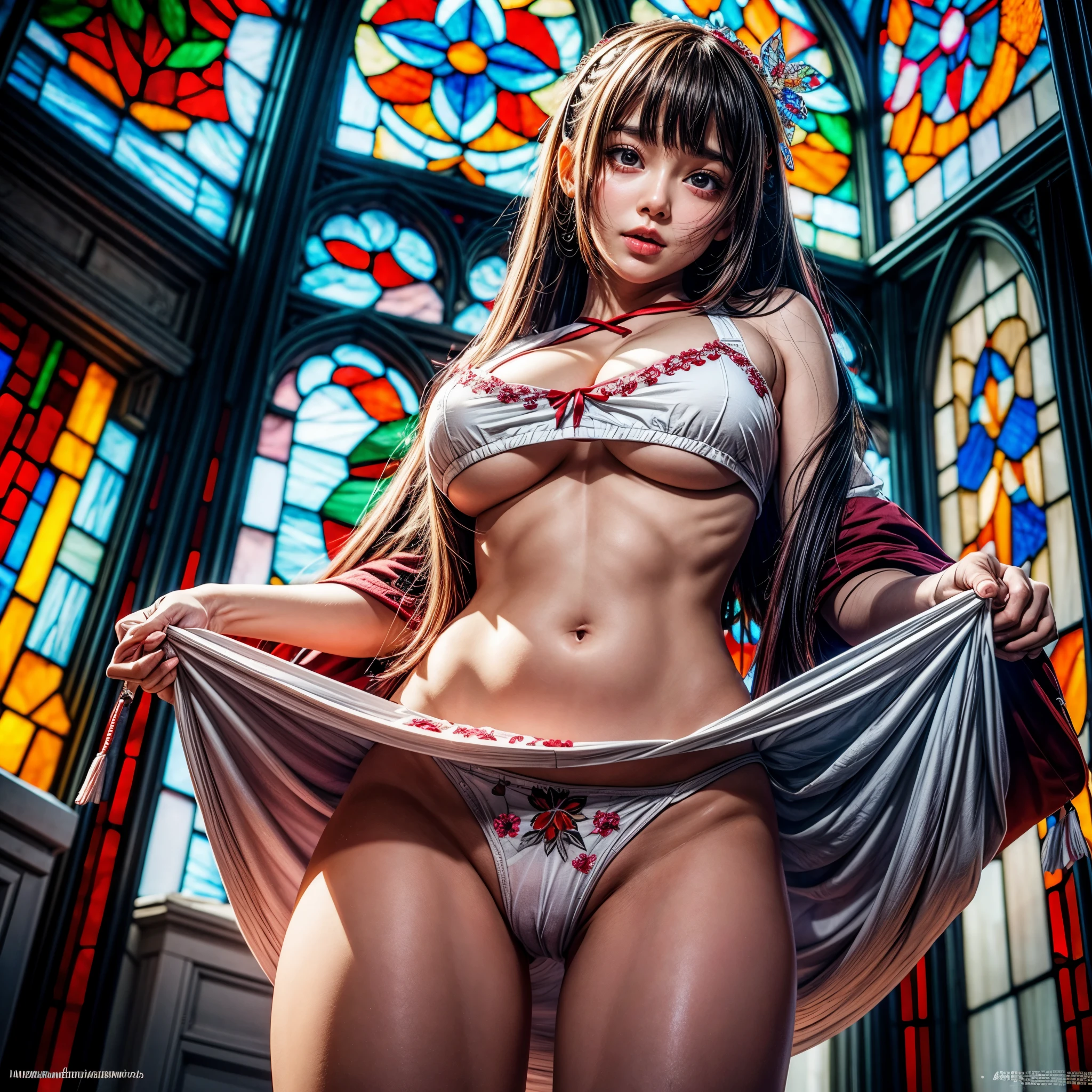 ????:-0.8. White and Red, (A Dazzling multi-colored light pours down:1.2), (physically-based rendering with ultra-detailed, (masutepiece:1.2) of professional photograpy, (Hyper-Realism and (analogue photo:1.37) with touch of rawness), Acutance:0.8) . ((A group photograph of KAWAII girls in school uniform)) with opened Overflowing Gigantic Cleavage without bra . (((extremely detailed KAWAII face variations)) with joyful expressions), { Systemic | Navel | pretty ??? | (Overflowing underboob) | White panties with (blood seeping only in ?????? area) | (full of Flowers covering girl's body) | ((Dazzling colorful stained glass with stunning elaborate details:1.2)) | A Dazzling Halo (Floating) } . (Exposed:0.95), (((??????:-0.9))), (not Detailed fingers:-0.9) .