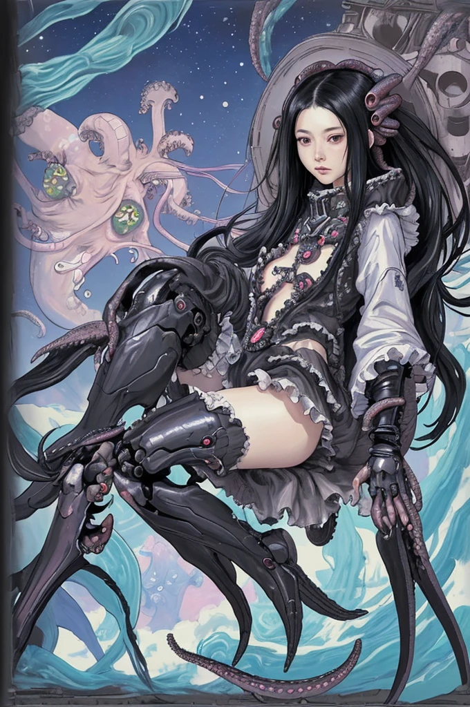 Biopunk. Long black hair, BIG octopus lady 1000年に一度の女性, wrapped frilly clothes wrapped all over by pet BIG octopus BIG legs. Kasa Space Mecha Gear Backpack. Artistic value, work of art, artwork, realistic painting, impressionism. There is a jumble of things in the background.