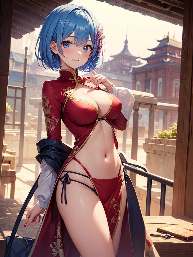 masterpiece, best quality, ultra-detailed, 
Rem, re zero, Blue hair, Short bob hair, large breasts, cleavage, navel, cowboy shot, dynamic pose, 
smile,((standing (on side) )),china clothes, long slit,((pretty face, cute girl, pretty)), 18_years_old_girl, ((tareme)),large eyes, glowing, 