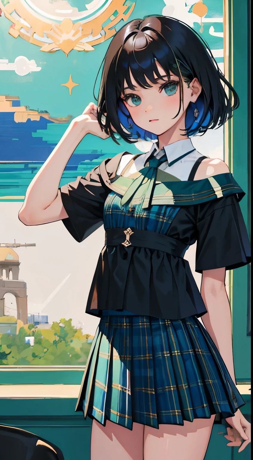 (child),(masterpiece,Top quality),Blue-green plaid pleated mini skirt,short sleeve,black hair,Summer Classroom,tarot,Mucha