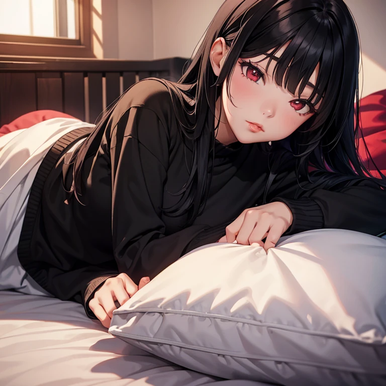 young girl,Saucy,red eyes,futon,black hair,black clothes,long sleeve,sleeping,Big lips,