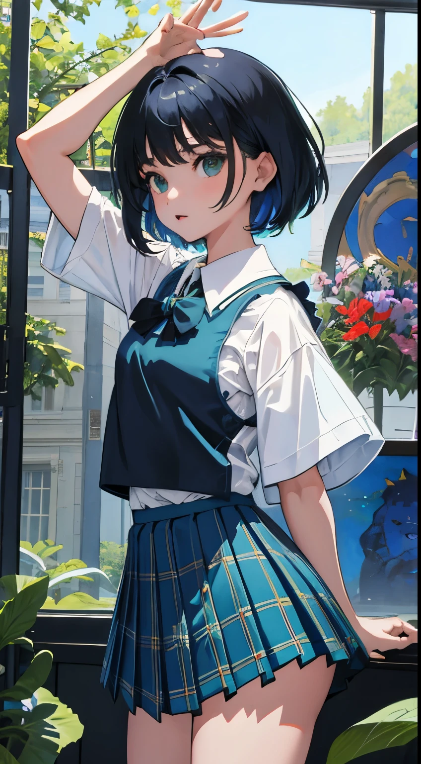 ()，（masterpiece，Top quality)，Blue-green plaid pleated mini skirt，short sleeve，black hair，Summer Classroom，tarot,Mucha