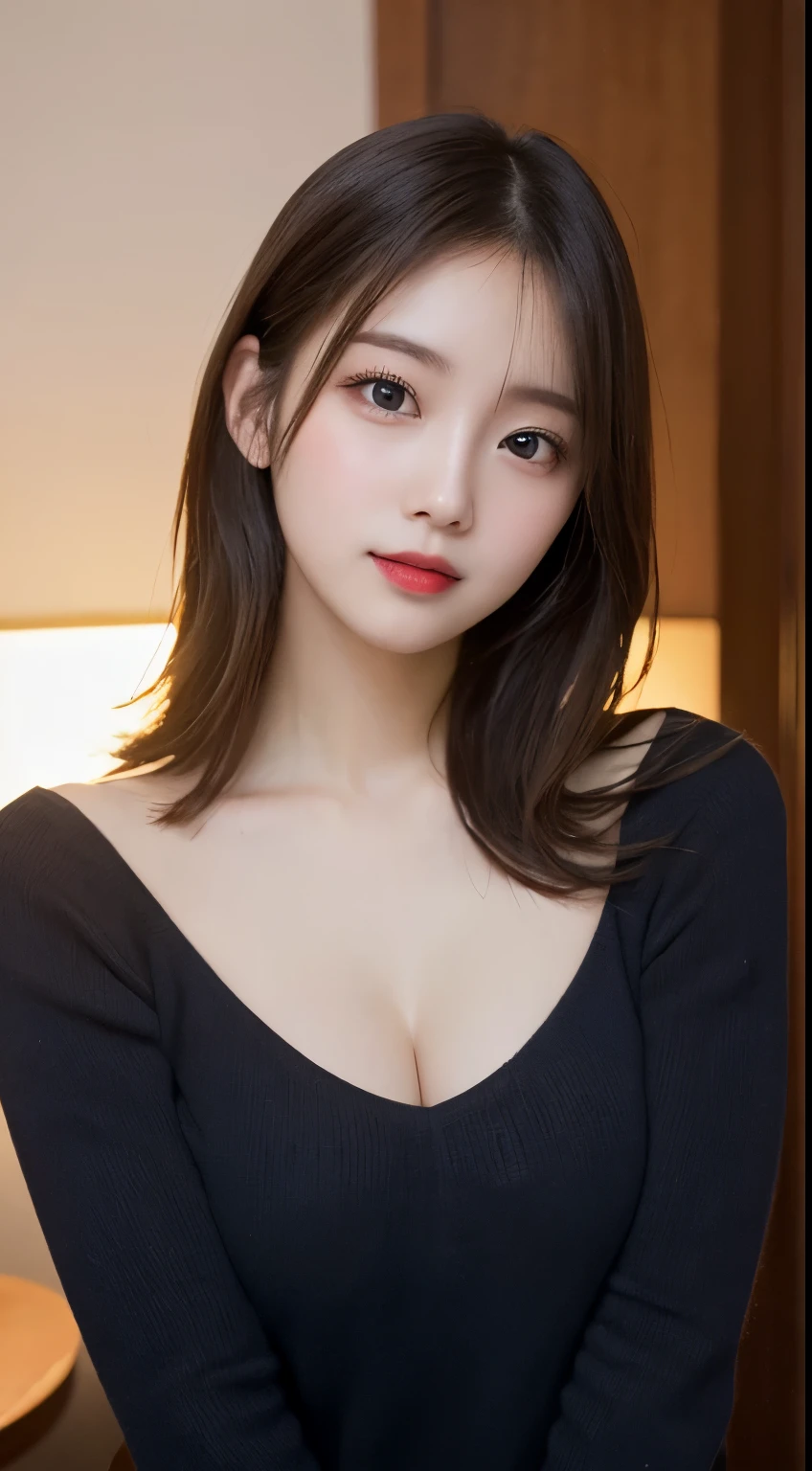 table top, highest quality, shape, Super detailed, finely, High resolution, 8k wallpaper, 完璧なダイナミックな構shape, beautiful and detailed eyes, elegant winter clothes,medium hair,small breasts natural color lip, bold sexy pose,smile、20 year old girl、cute、Sexy looking at camera,night,beautiful and detailed face,elegant face,perfect and beautiful face,Slim face and body,spread your arms wide、background blur