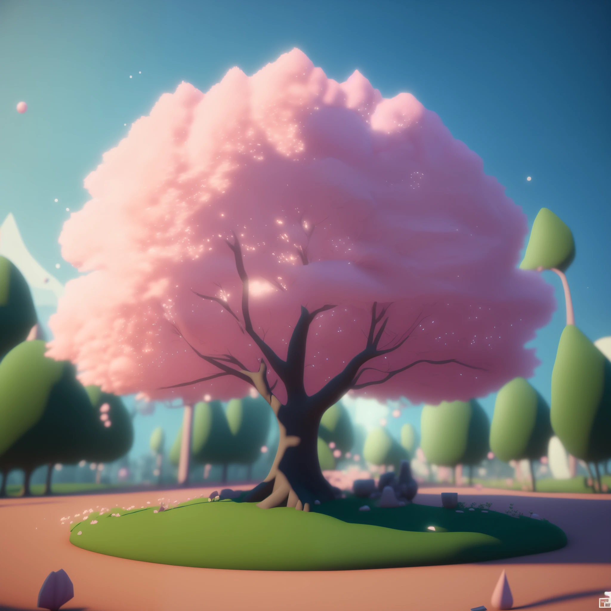 There is a pink tree in the middle of the park, 3D rendering stylization, Stylized 3D 渲染, Stylized for 3D rendering, Stylized 3D, 4D cinema rendering, Rendering in cinema4d, Lovely 3D rendering, 3D stylized scene, Cherry tree, Soft 3D rendering, 3d illustration,1:1 scale,pink background